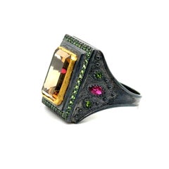 JAS-20-2066-24K GOLD/OXIDIZED STERLING SILVER RING with WHISKY QUARTZ, MQ RUBYS