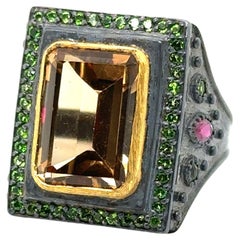 JAS-20-2066-24K GOLD/OXIDIZED STERLING SILVER RING with WHISKY QUARTZ, MQ RUBYS
