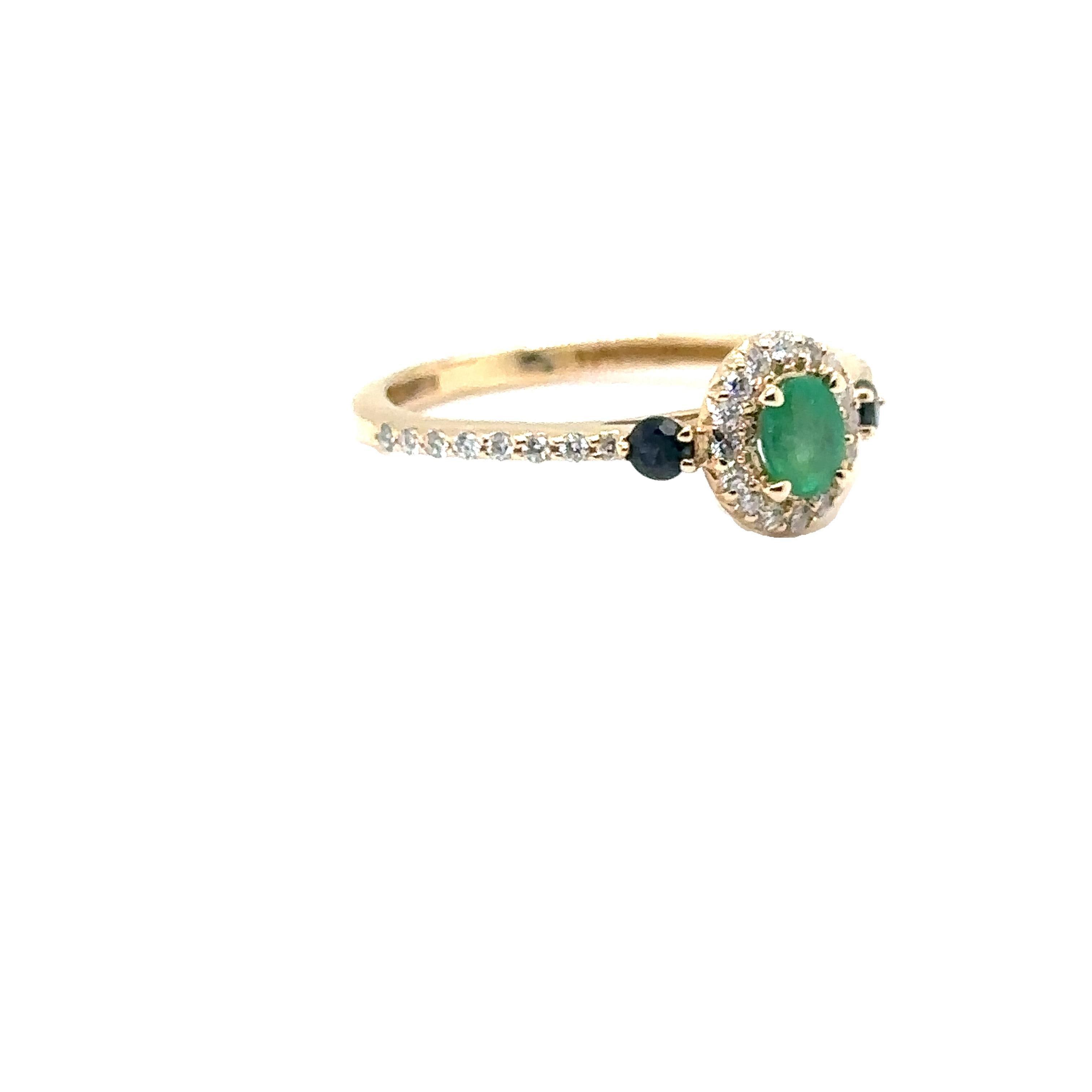 JAS-20-2134 - 14K YELLOW GOLD EMERALD RING with SAPPHIRES & DIAMONDS For Sale 4