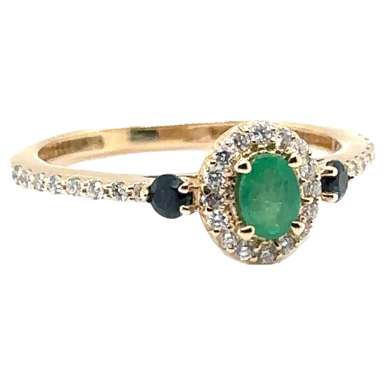 JAS-20-2134 - 14K YELLOW GOLD EMERALD RING with SAPPHIRES & DIAMONDS  For Sale