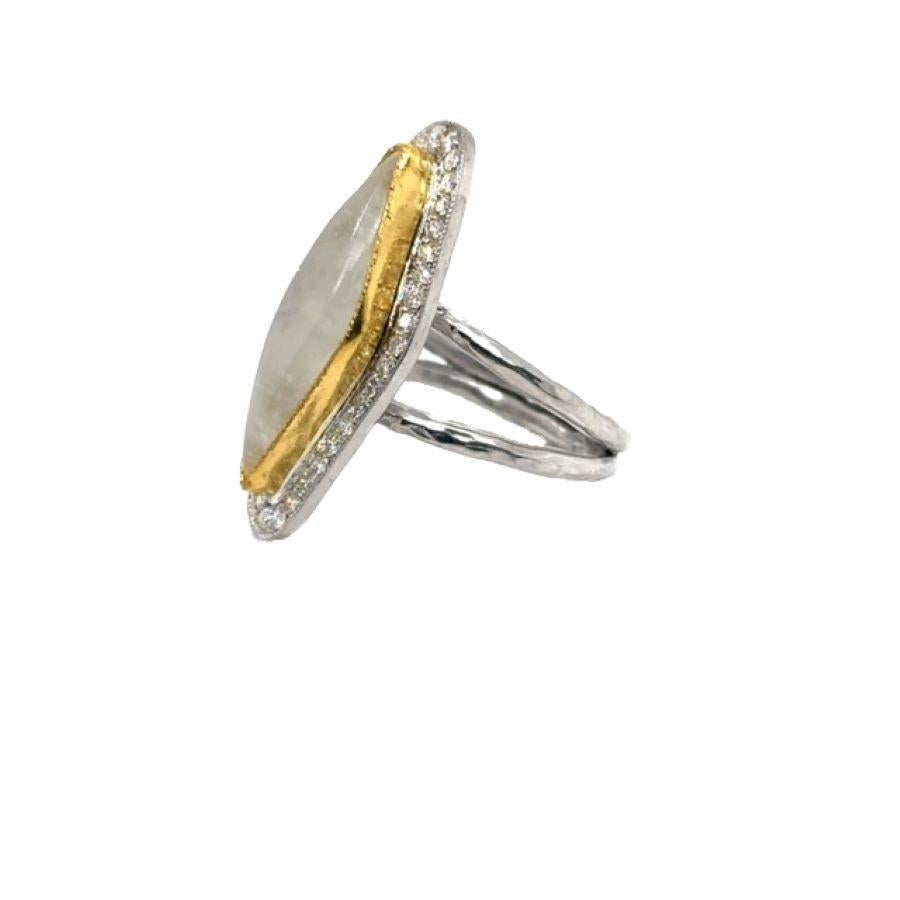 JAS-21-2220 - 24K/SS HANDMADE RING WITH DIAMONDS and 15CT DIAMOND SHAPE CAB.MOON In New Condition For Sale In New York, NY