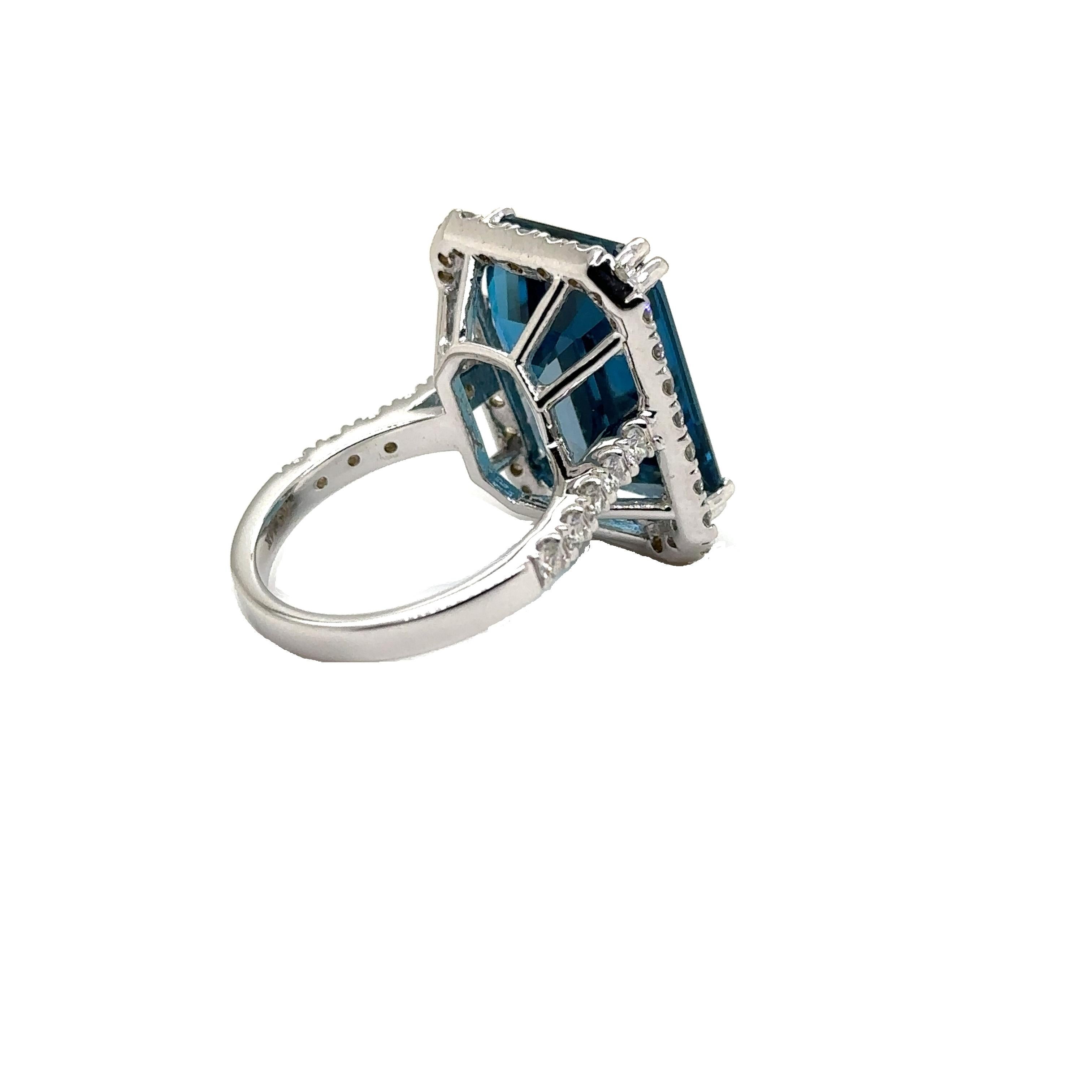 Emerald Cut JAS-21-2245 - 14K WG 1.25ct GH-SI1 DIAMONDS & EMERALD CUT LONDON BLUE TOPAZ RING For Sale