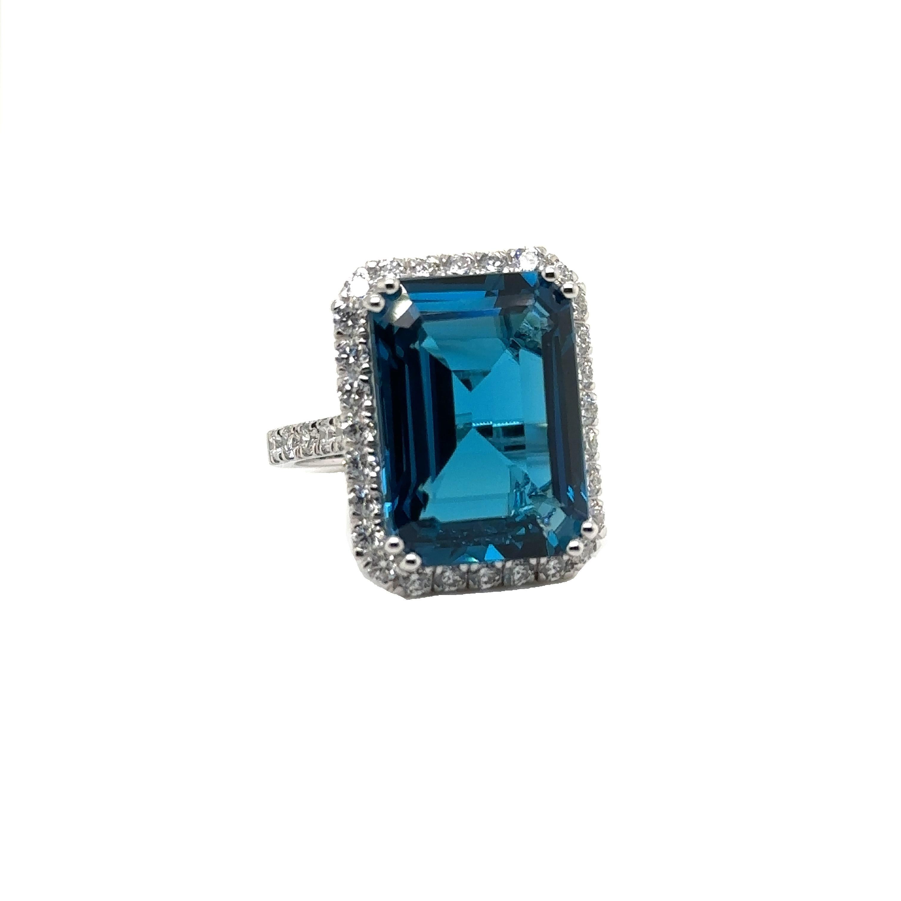 JAS-21-2245 - 14K WG 1.25ct GH-SI1 DIAMONDS & EMERALD CUT LONDON BLUE TOPAZ RING In New Condition In New York, NY