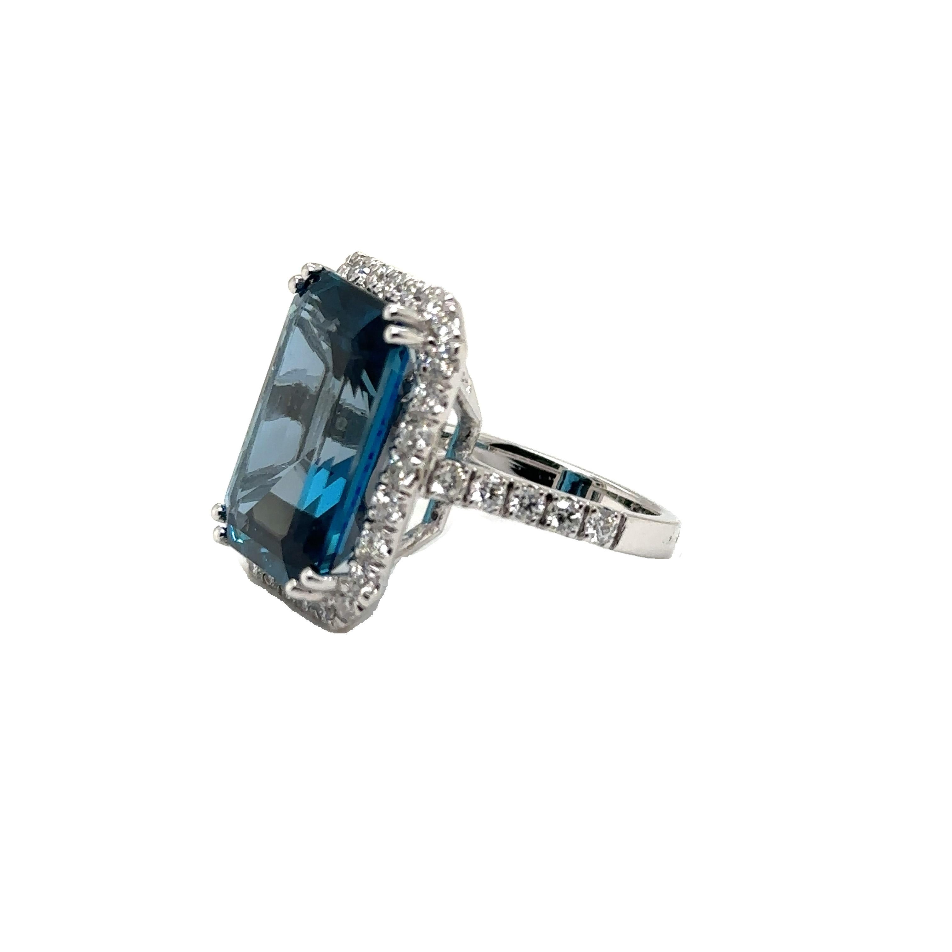 JAS-21-2245 - 14K WG 1.25ct GH-SI1 DIAMONDS & EMERALD CUT LONDON BLUE TOPAZ RING For Sale 1