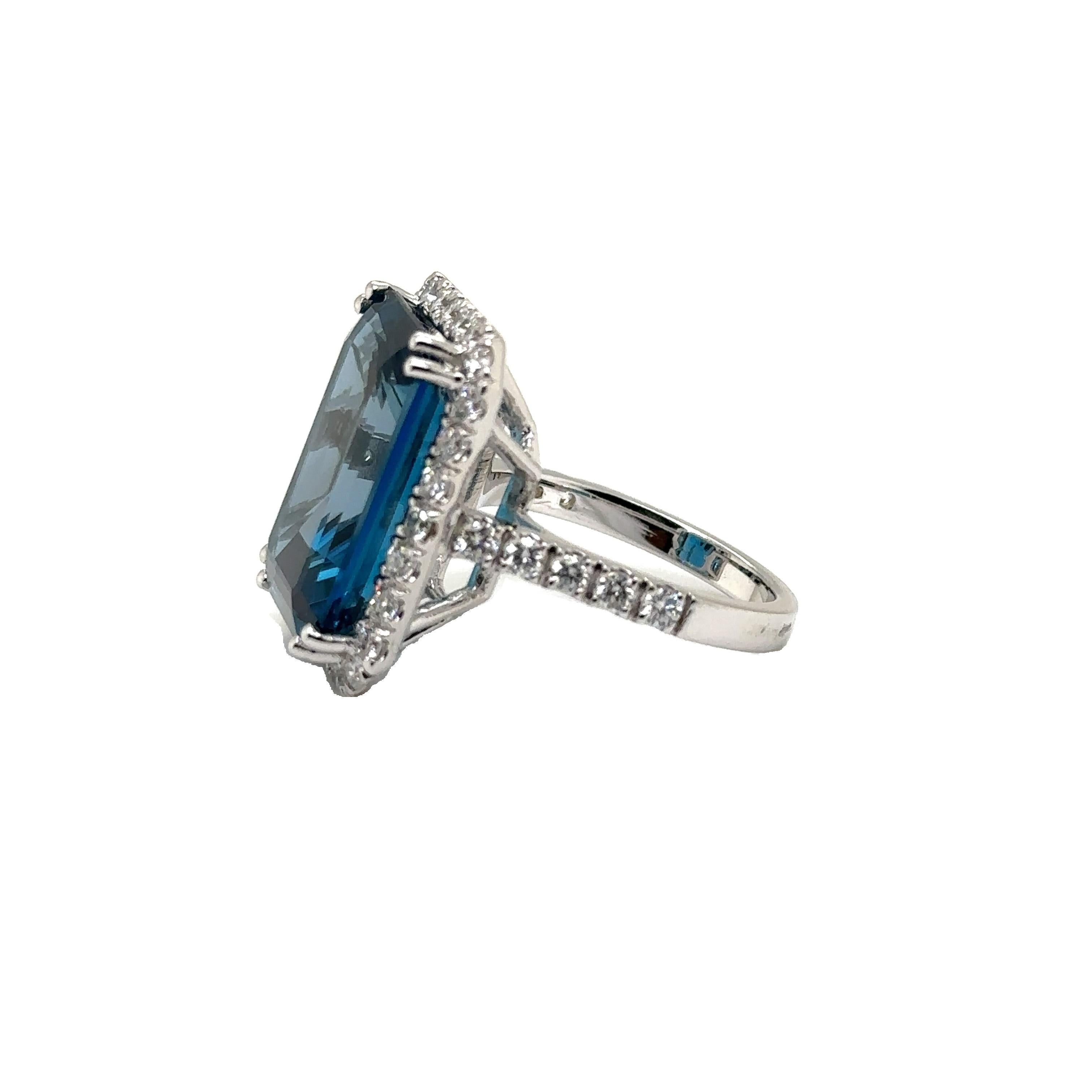 JAS-21-2245 - 14K WG 1.25ct GH-SI1 DIAMONDS & EMERALD CUT LONDON BLUE TOPAZ RING For Sale 2