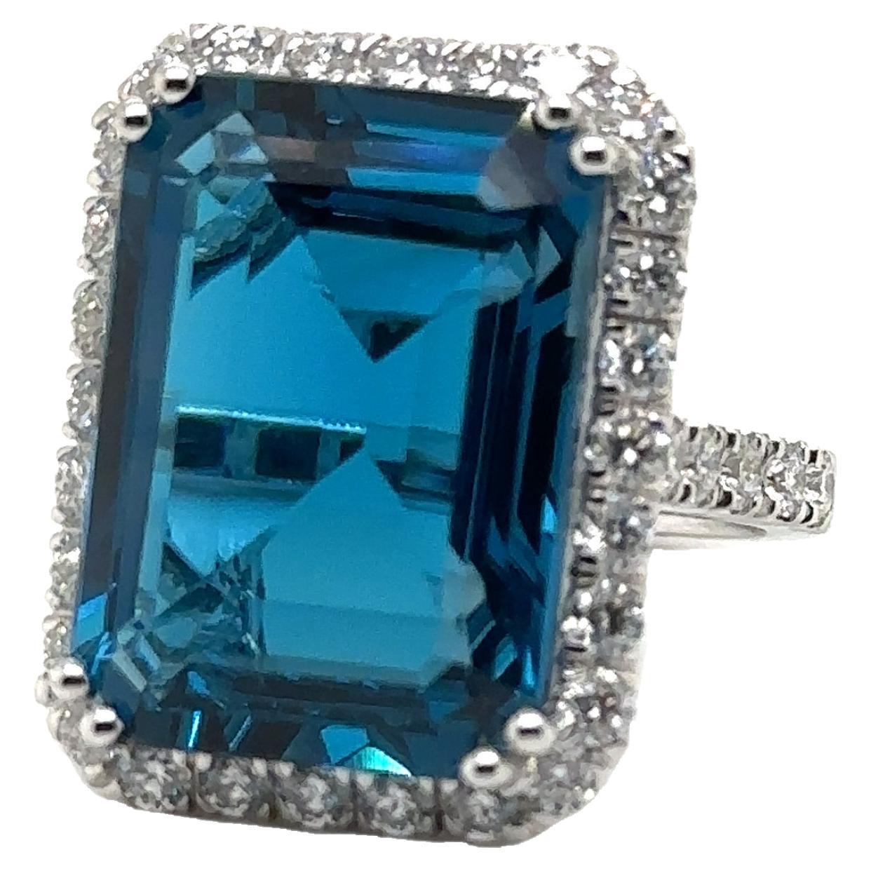 JAS-21-2245 - 14K WG 1.25ct GH-SI1 DIAMONDS & EMERALD CUT LONDON BLUE TOPAZ RING For Sale