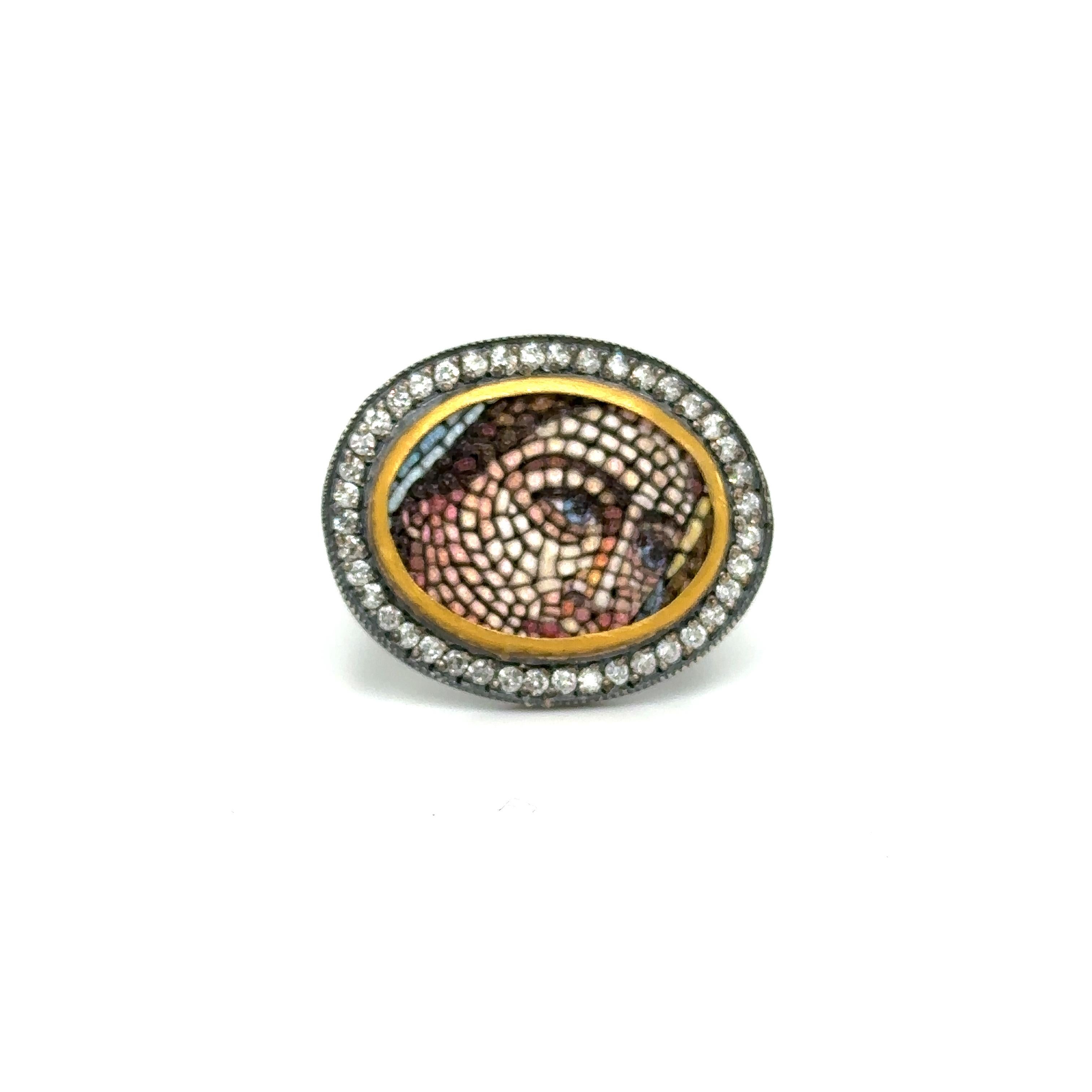 24KT GOLD/SS MICRO MOSAIC RING WITH 0.70 Ct DIAMONDS
Metal: 24K GOLD/OXIDIZED SS
Diamond Info: I/J Color SI1/2 Round Brilliant Diamonds
Total Ct Weight:    0.70 cwt.
Item Weight    11.90   gm
Ring Size:  8 (Re-sizable)
Measurements:  20.70 mm x