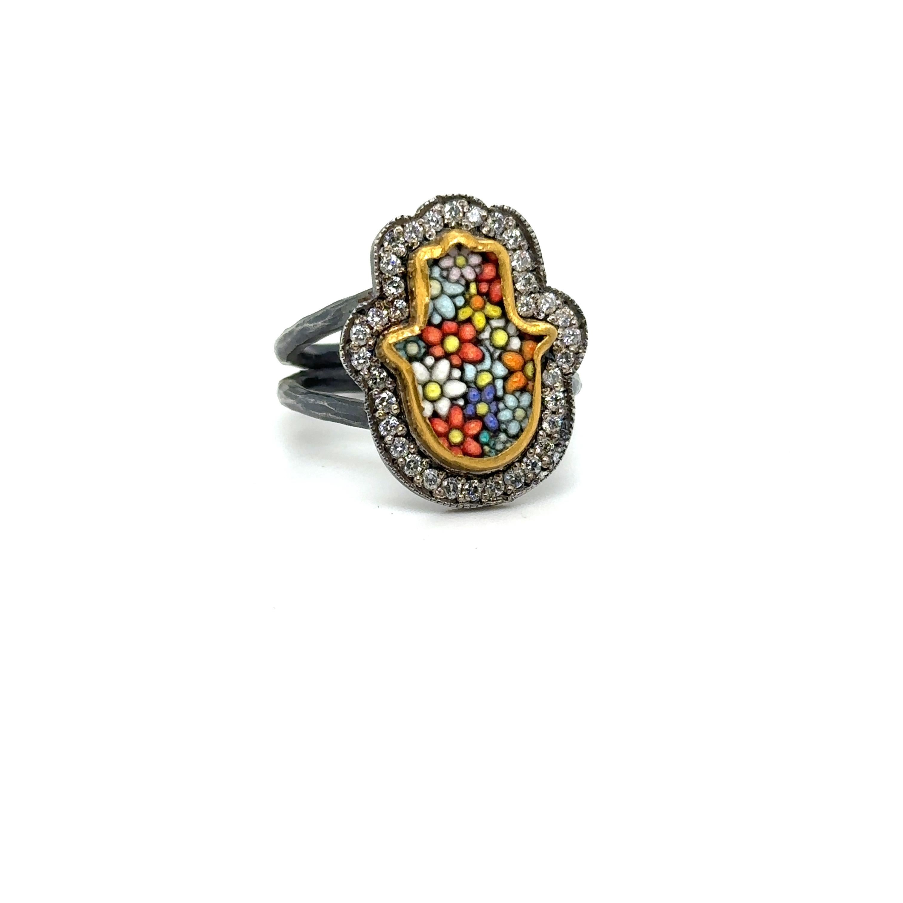 24KT GOLD/SS MICRO MOSAIC RING WITH 0.45CT DIAMONDS
Metal: 24K GOLD/OXIDIZED SS
Diamond Info: I/J COLOR SI1/2 ROUND BRILLIANT
Total Ct Weight:  0.45 cwt.
Item Weight: 8.14 gm
Ring Size: 8 (Re-sizable)
Measurements:  17 mm x 21.20 mm
