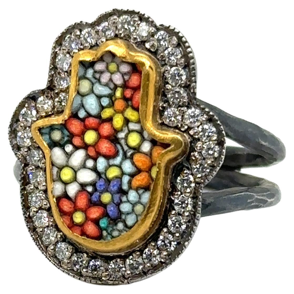JAS-22-2293 - 24KT GOLD/SS MICRO MOSAIC RING with 0.45 CT DIAMONDS