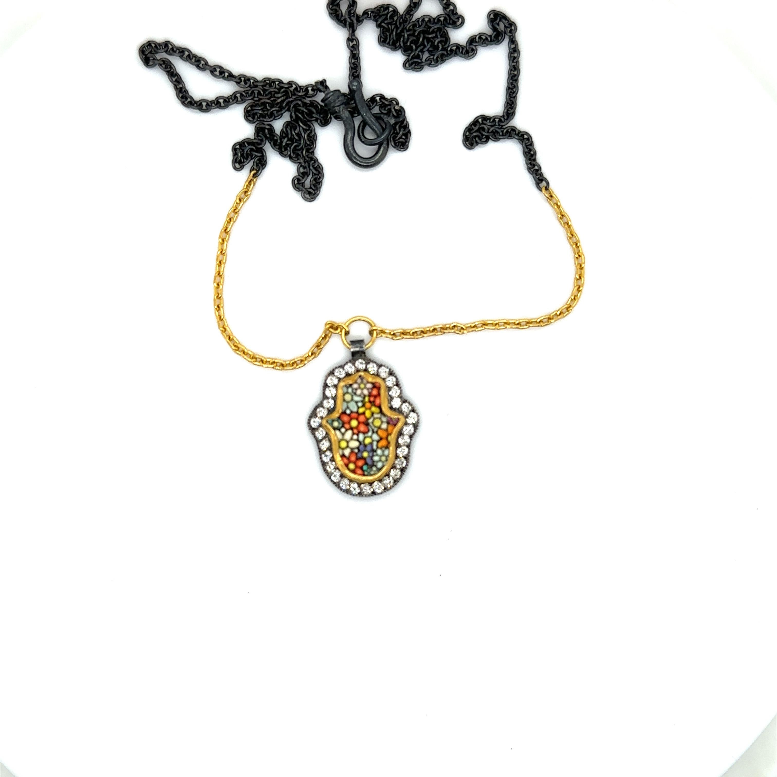 Modern JAS-22-2294 - 24KT GOLD/SS MICRO MOSAIC PENDANT with 0.45 CT DIAMONDS For Sale