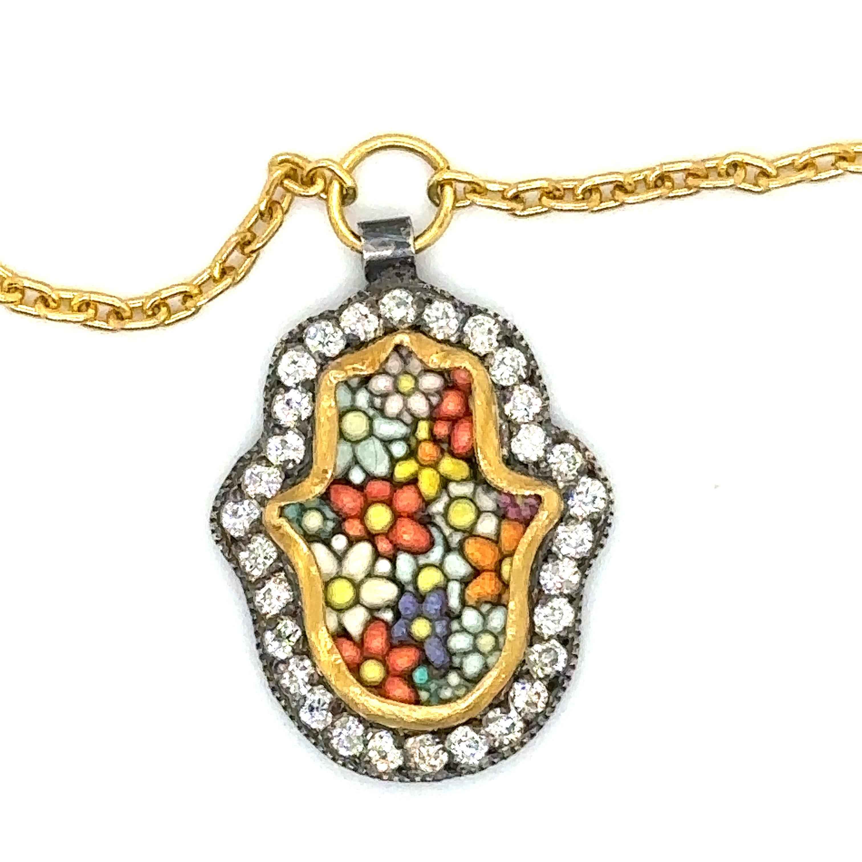 Round Cut JAS-22-2294 - 24KT GOLD/SS MICRO MOSAIC PENDANT with 0.45 CT DIAMONDS For Sale