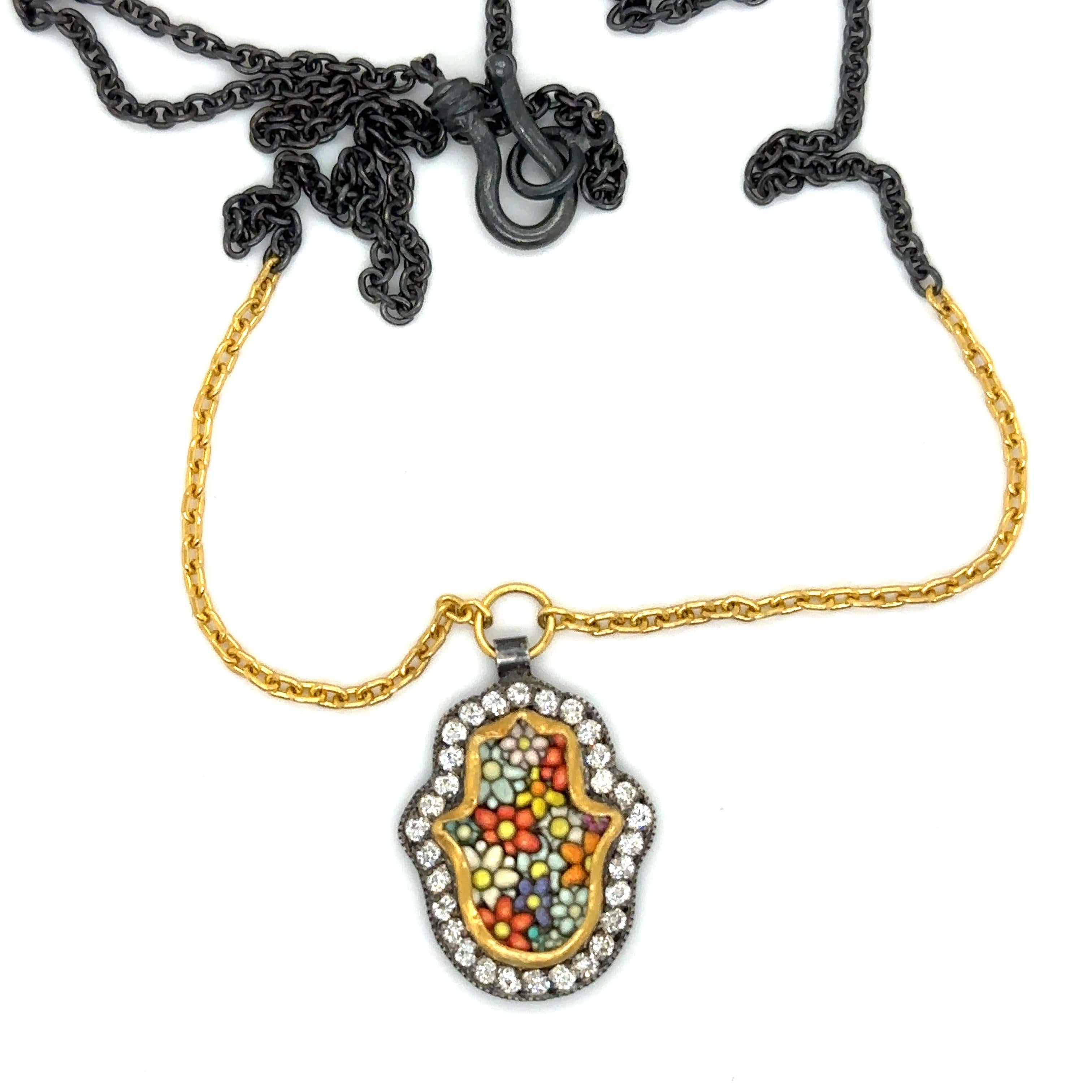 JAS-22-2294 - 24KT GOLD/SS MICRO MOSAIC PENDANT with 0.45 CT DIAMONDS In New Condition For Sale In New York, NY