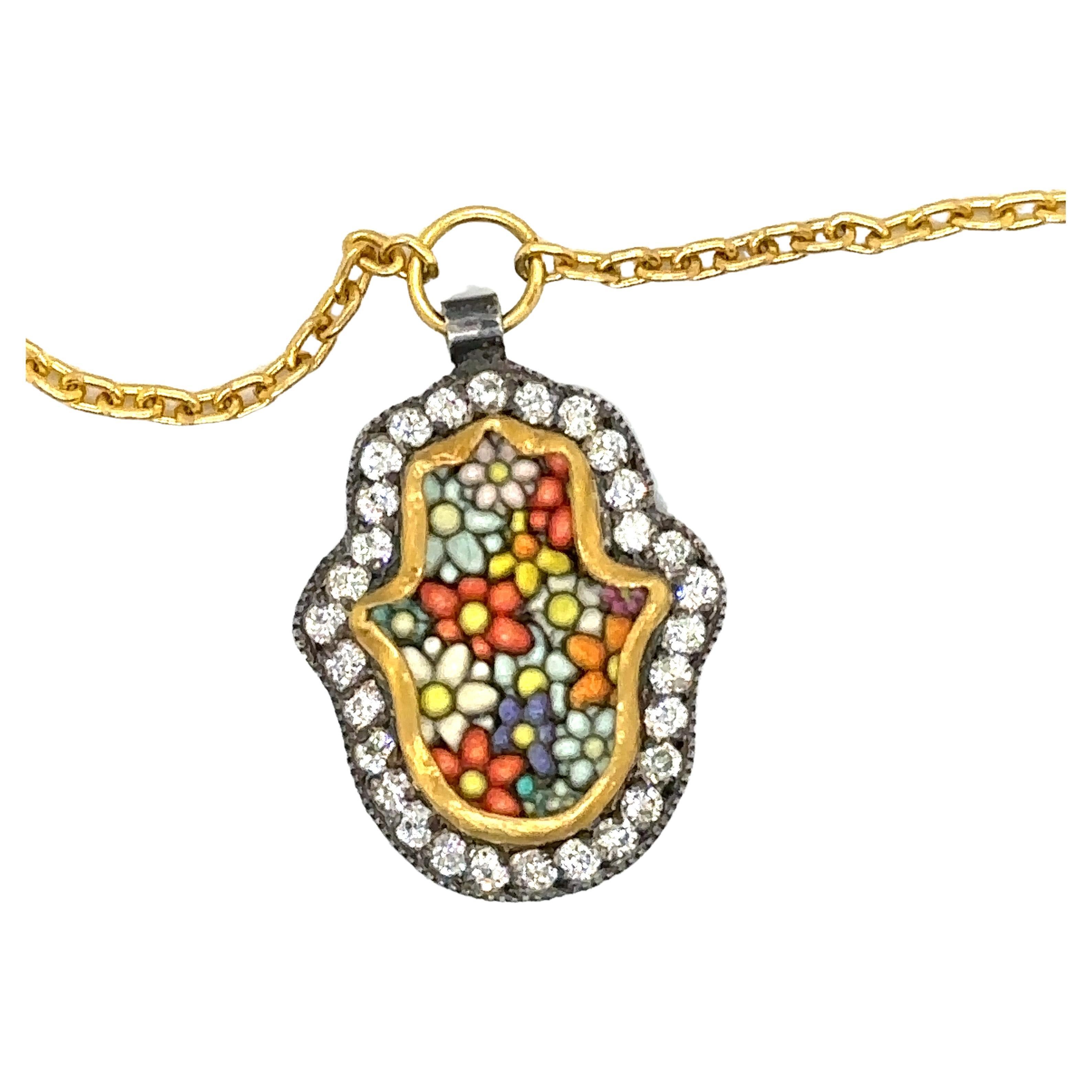 JAS-22-2294 - 24KT GOLD/SS MICRO MOSAIC PENDANT with 0.45 CT DIAMONDS For Sale