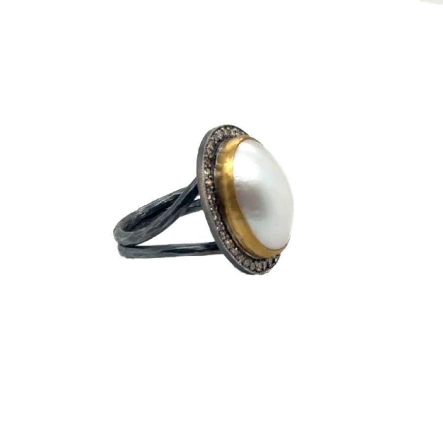 Modern JAS-22-2300 - 24K/SS RING HANDMADE with CHAMPAGNE DIAMONDS & 18X13MM MABE PEARL For Sale