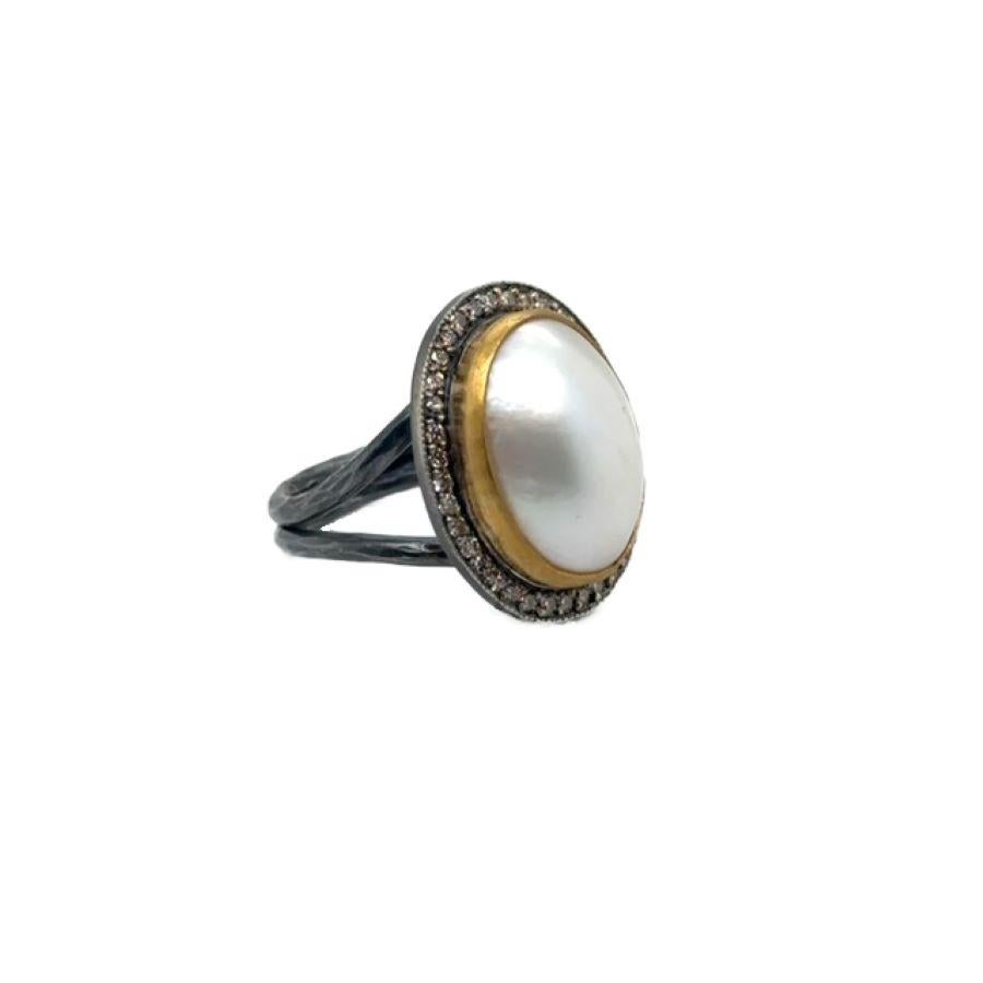 Oval Cut JAS-22-2300 - 24K/SS RING HANDMADE with CHAMPAGNE DIAMONDS & 18X13MM MABE PEARL For Sale