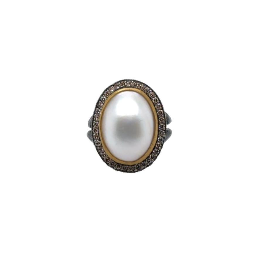 JAS-22-2300 - 24K/SS RING HANDMADE with CHAMPAGNE DIAMONDS & 18X13MM MABE PEARL In New Condition For Sale In New York, NY