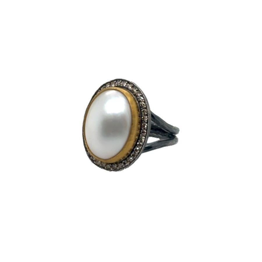 JAS-22-2300 - 24K/SS RING HANDMADE with CHAMPAGNE DIAMONDS & 18X13MM MABE PEARL For Sale 2