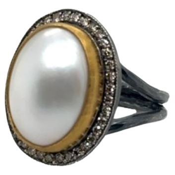 JAS-22-2300 - 24K/SS RING HANDMADE with CHAMPAGNE DIAMONDS & 18X13MM MABE PEARL For Sale