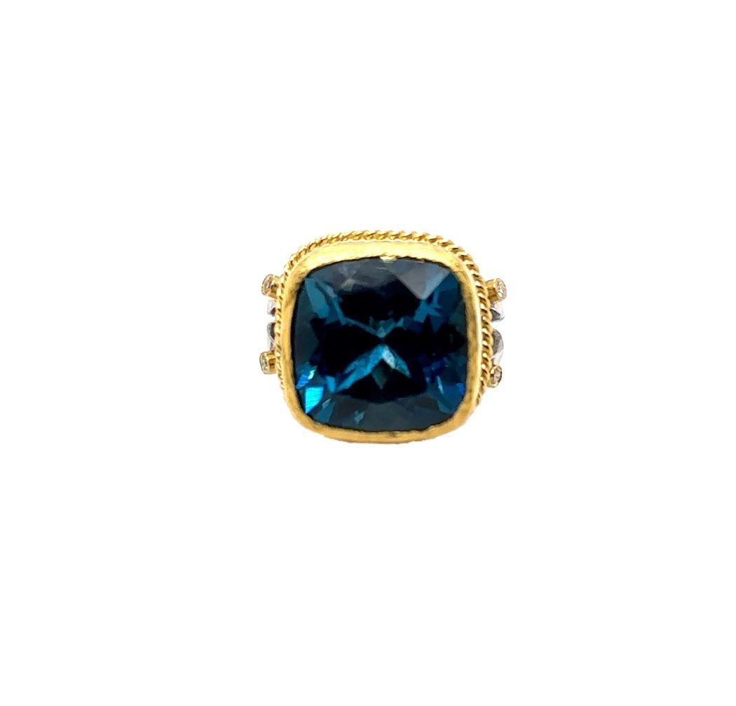 JAS-22-2304 - 24K/SS CUSHION CUT LONDON BLUE TOPAZ HAND MADE avec DIAMANTS Neuf - En vente à New York, NY