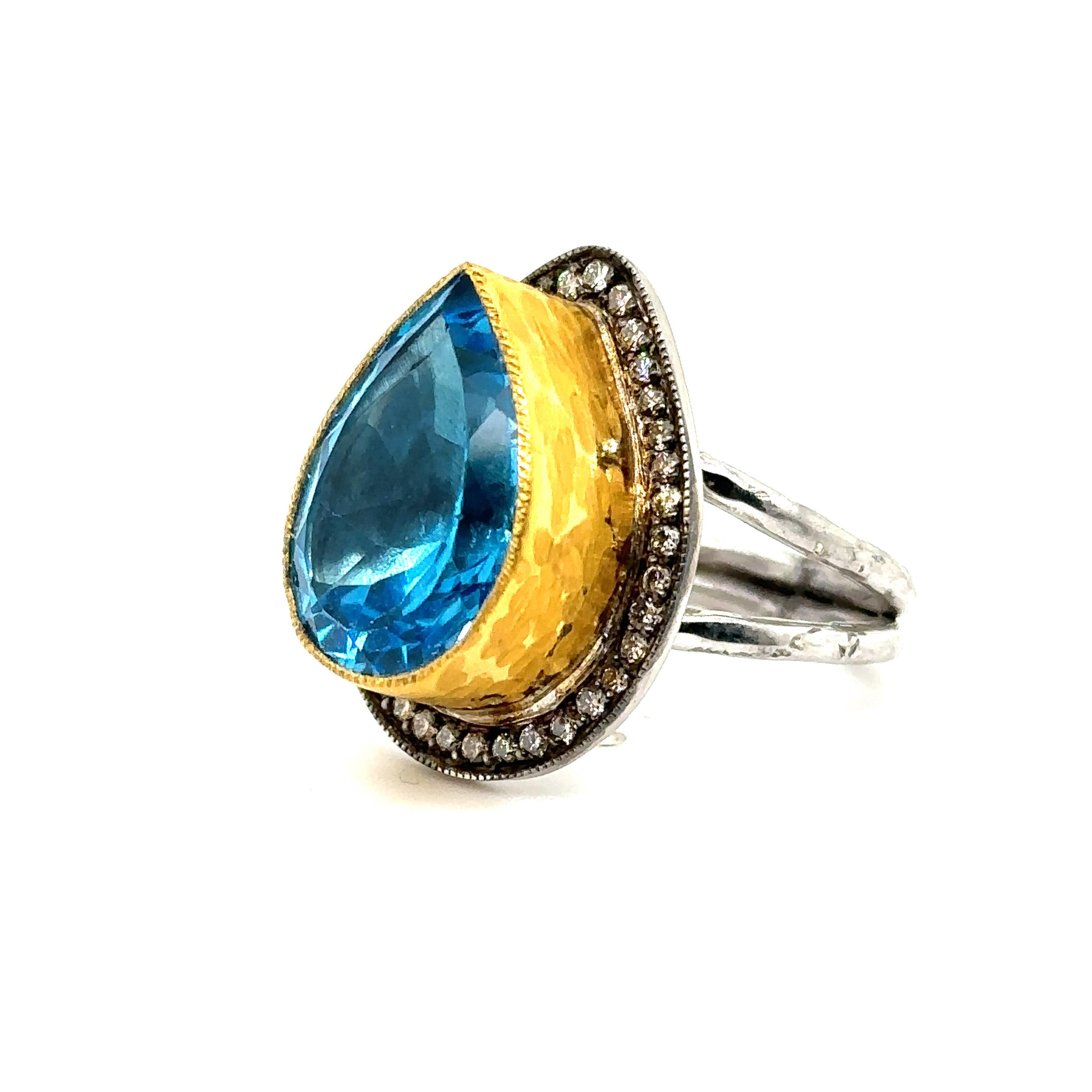 Pear Cut JAS-22-2306 - 24K GOLD/STERLING SILVER RING 0.40Ct CHAMPAGNE DIAS. For Sale