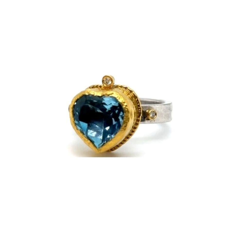 JAS-22-2310 - 24K/SS HEART SHAPE SKY BLUE TOPAZ HAND MADE RING with DIAMONDS In New Condition For Sale In New York, NY