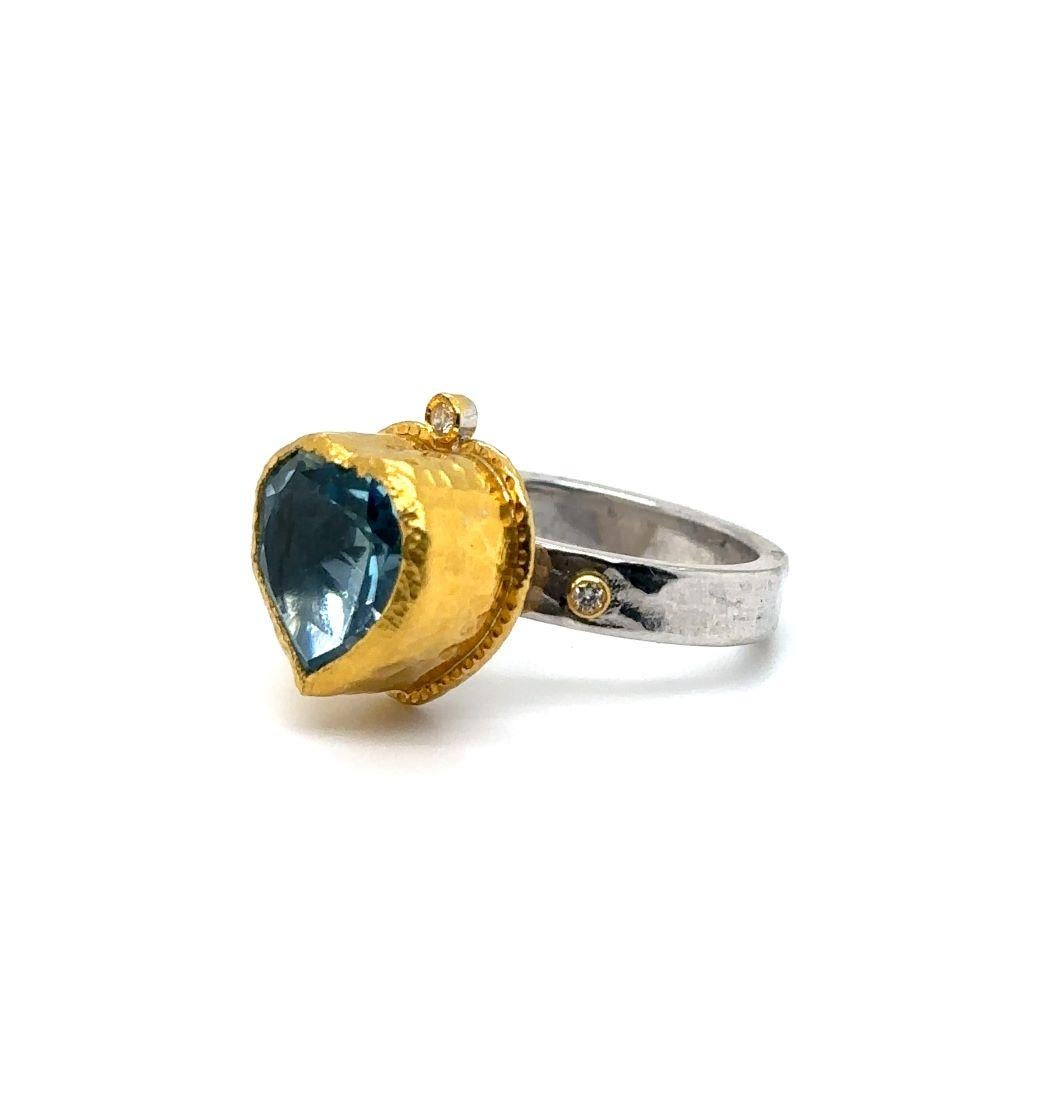 Women's JAS-22-2310 - 24K/SS HEART SHAPE SKY BLUE TOPAZ HAND MADE RING with DIAMONDS For Sale
