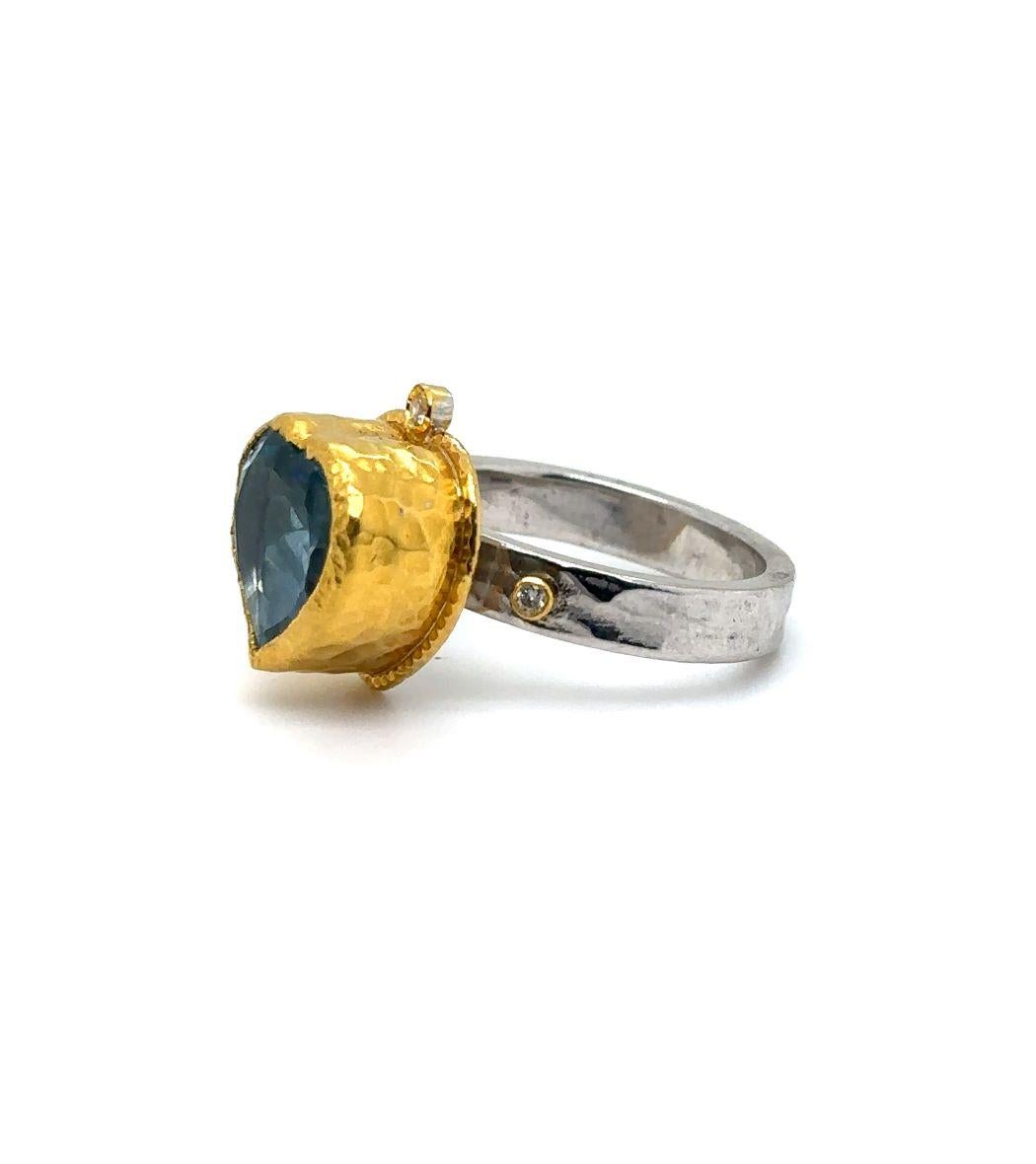 JAS-22-2310 - 24K/SS HEART SHAPE SKY BLUE TOPAZ HAND MADE RING with DIAMONDS For Sale 1