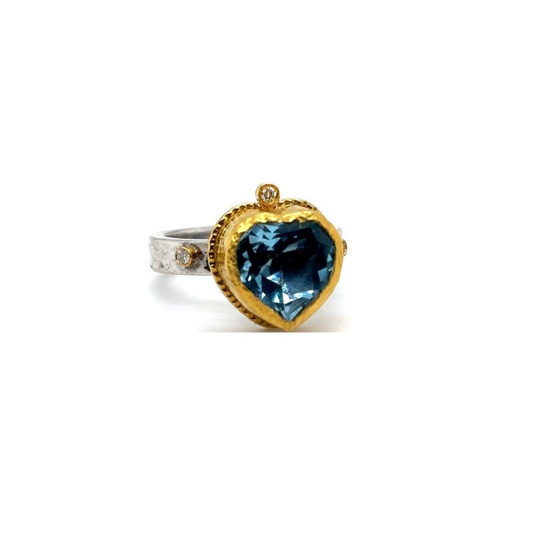 JAS-22-2310 - 24K/SS HEART SHAPE SKY BLUE TOPAZ HAND MADE RING with DIAMONDS For Sale 2