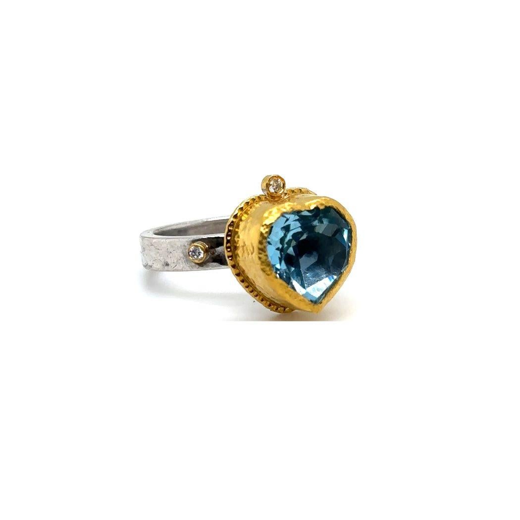 JAS-22-2310 - 24K/SS HEART SHAPE SKY BLUE TOPAZ HAND MADE RING with DIAMONDS For Sale 3
