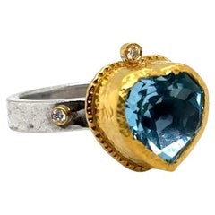 JAS-22-2310 - 24K/SS HEART SHAPE SKY BLUE TOPAZ HAND MADE RING with DIAMONDS