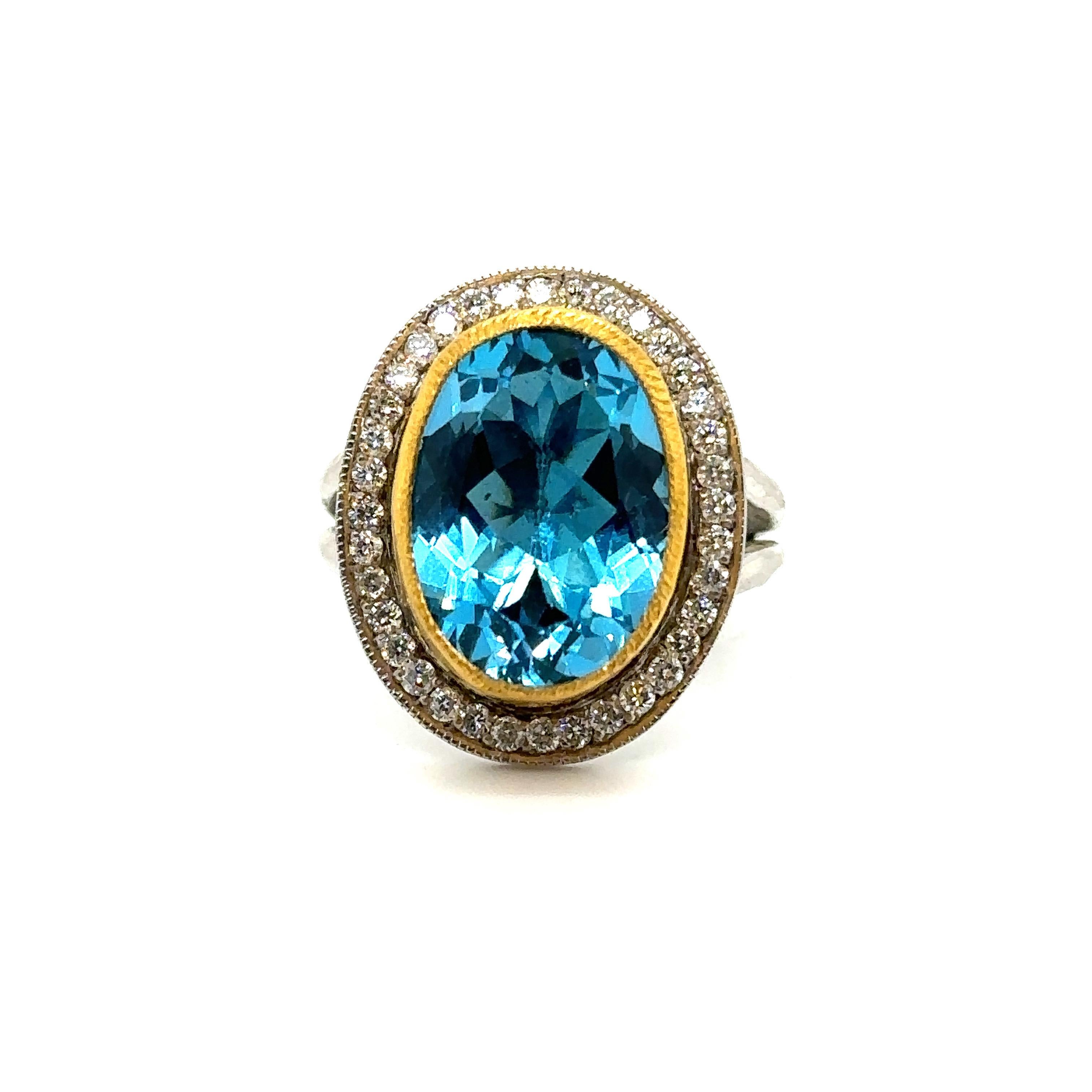 JAS-22-305 - 24K GOLD/STERLING SILVER RING with DIAMONDS AND SWISS BLUE TOPAZ For Sale 1