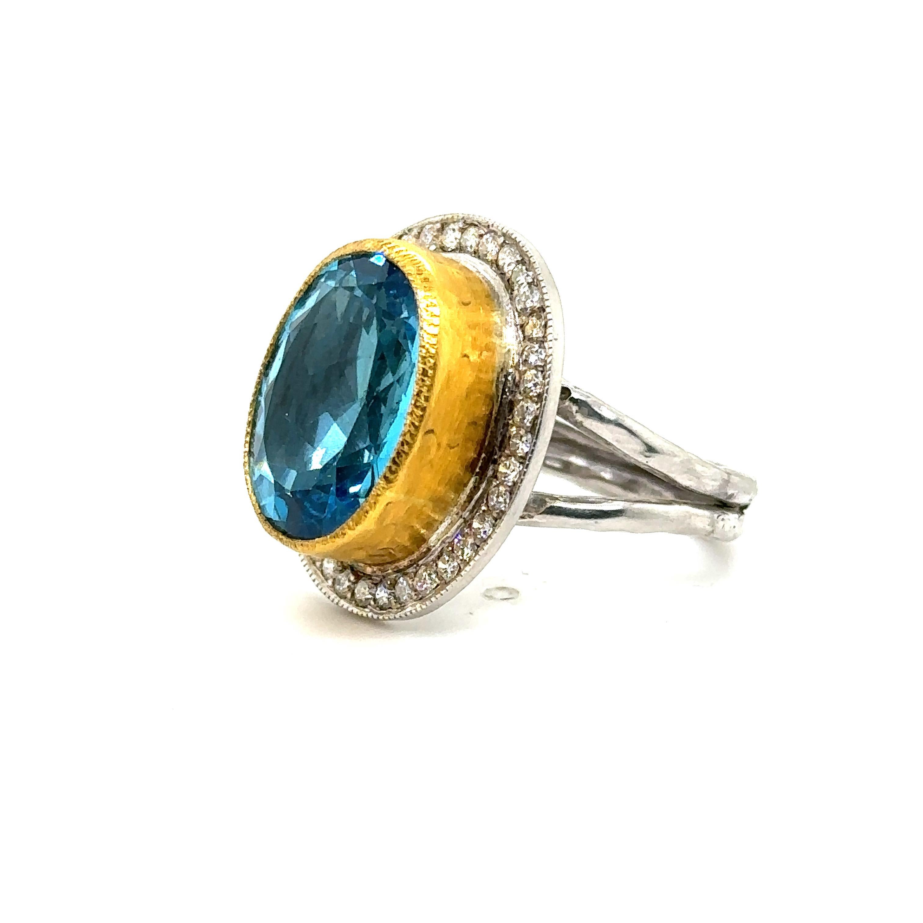 JAS-22-305 - 24K GOLD/STERLING SILVER RING with DIAMONDS AND SWISS BLUE TOPAZ For Sale 2