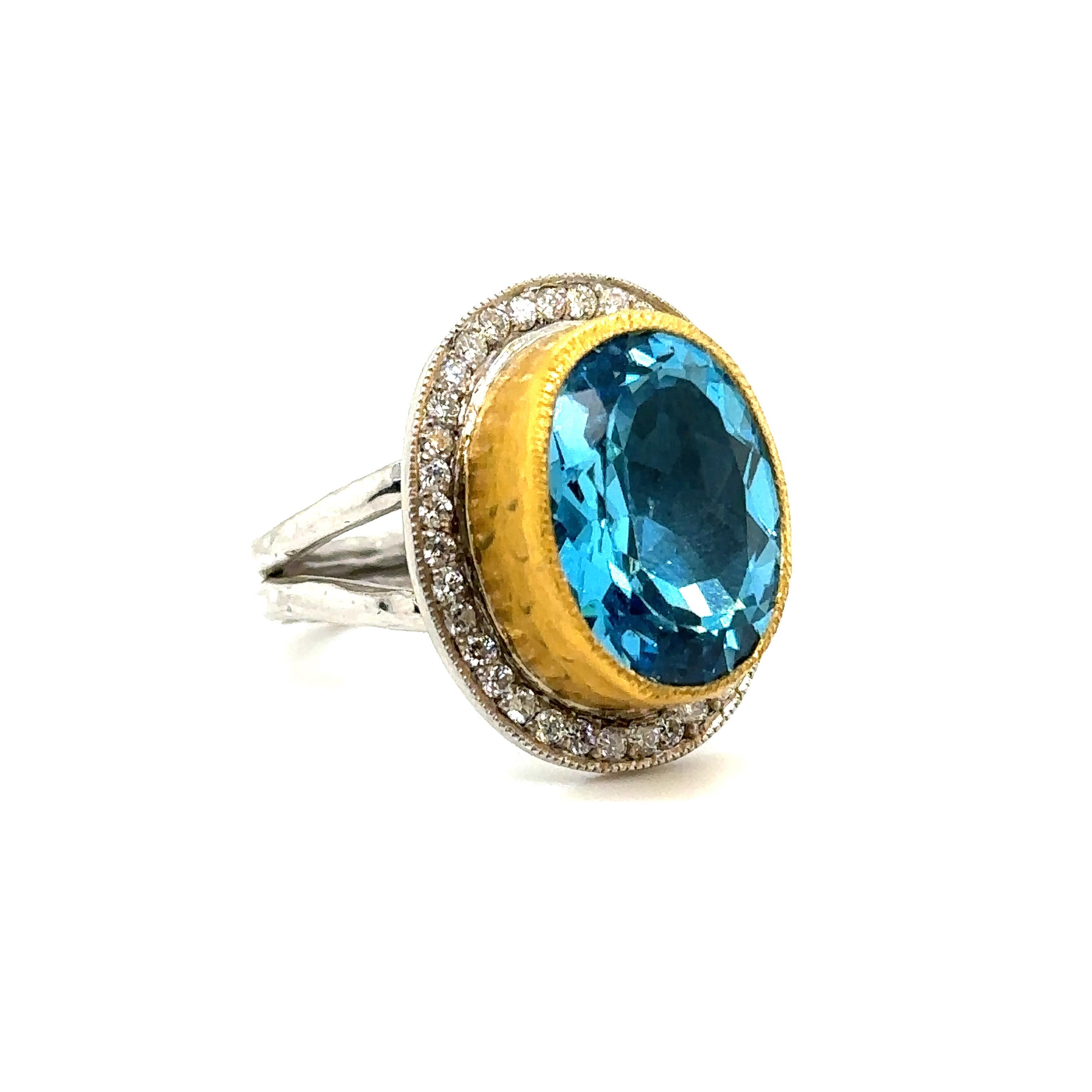 Modern JAS-22-305 - 24K GOLD/STERLING SILVER RING with DIAMONDS AND SWISS BLUE TOPAZ For Sale