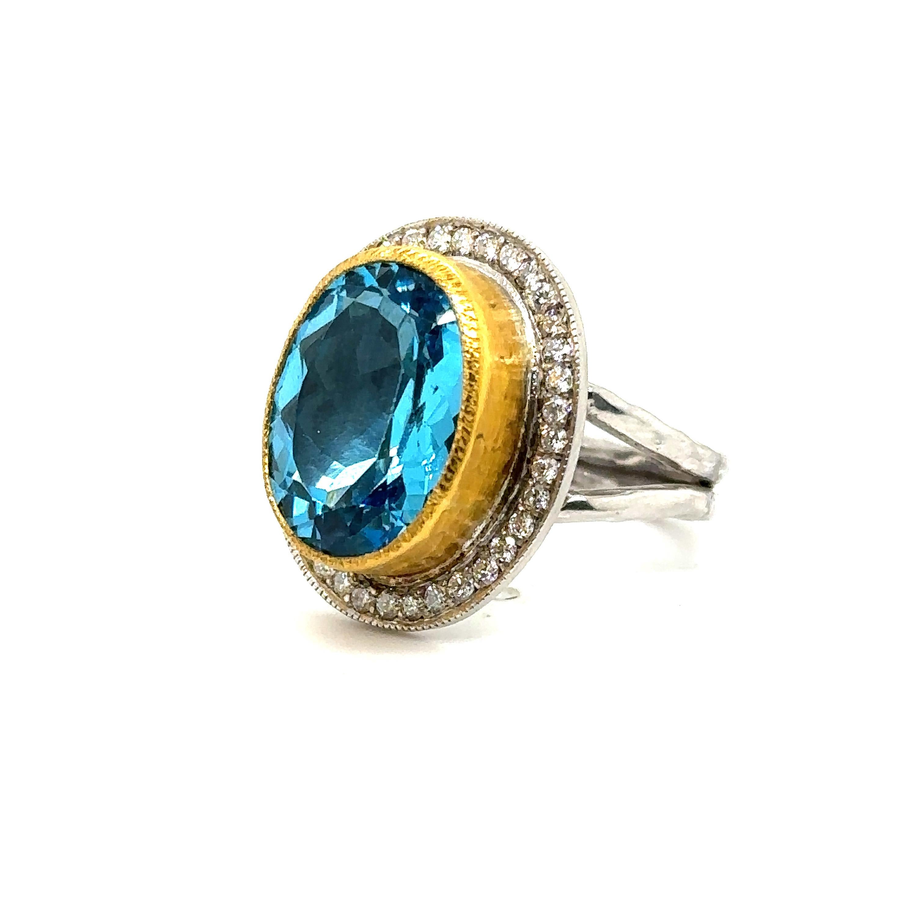 Oval Cut JAS-22-305 - 24K GOLD/STERLING SILVER RING with DIAMONDS AND SWISS BLUE TOPAZ For Sale