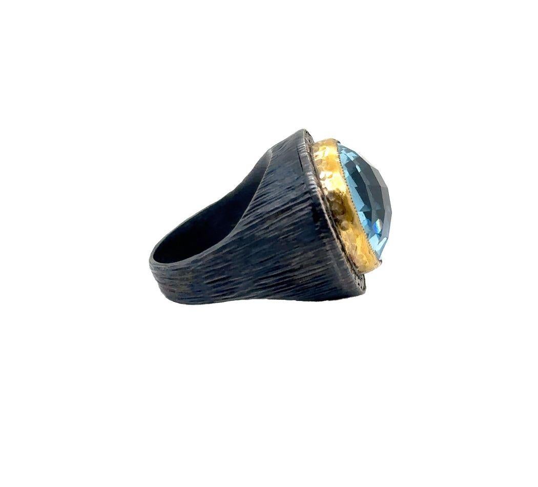 JAS-24-2339 - 24K/SS BRIO. SKY BLUE TOPAZ HAND MADE RING with CHAMPAGNE DIAMONDS For Sale 4