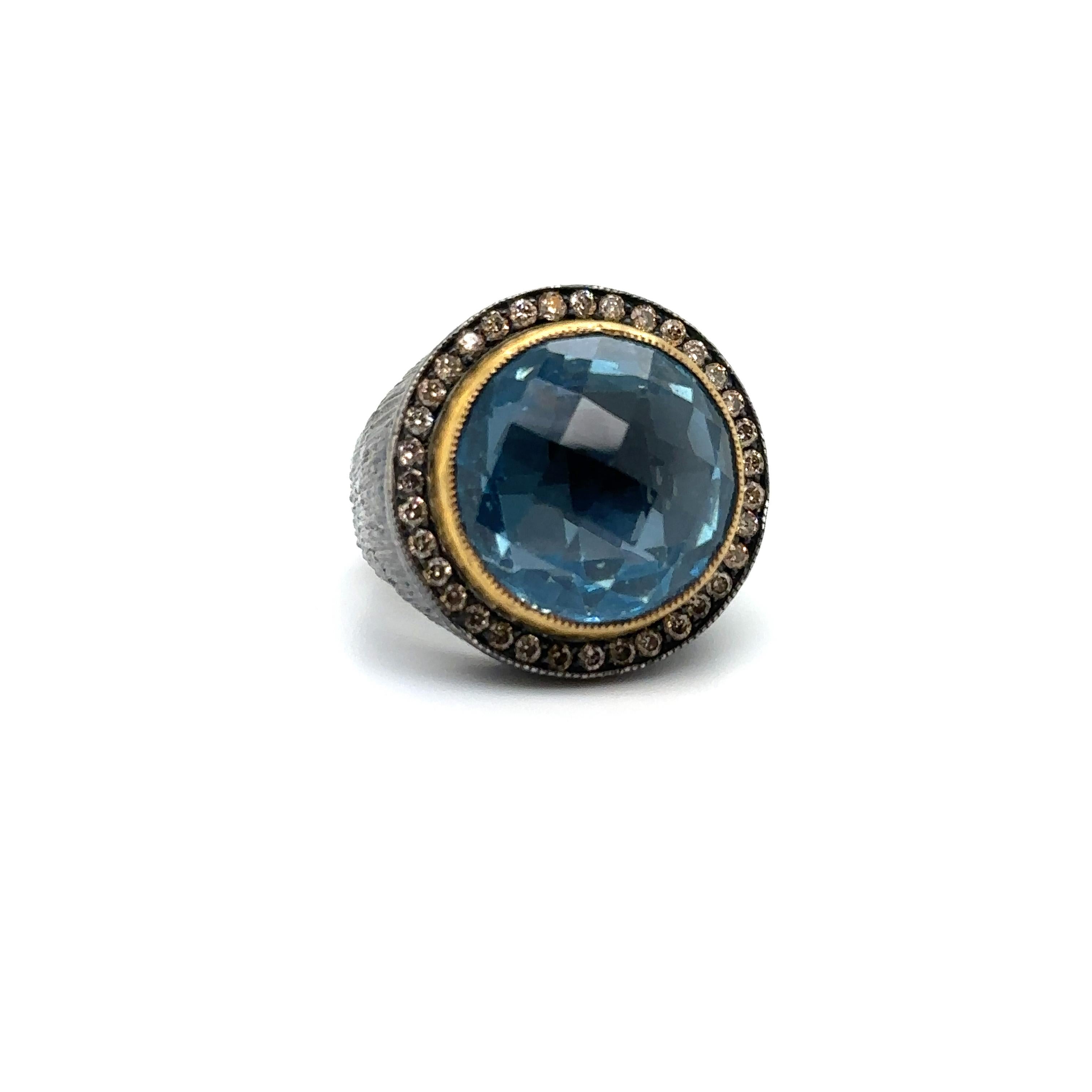 Modern JAS-24-2339 - 24K/SS BRIO. SKY BLUE TOPAZ HAND MADE RING with CHAMPAGNE DIAMONDS For Sale