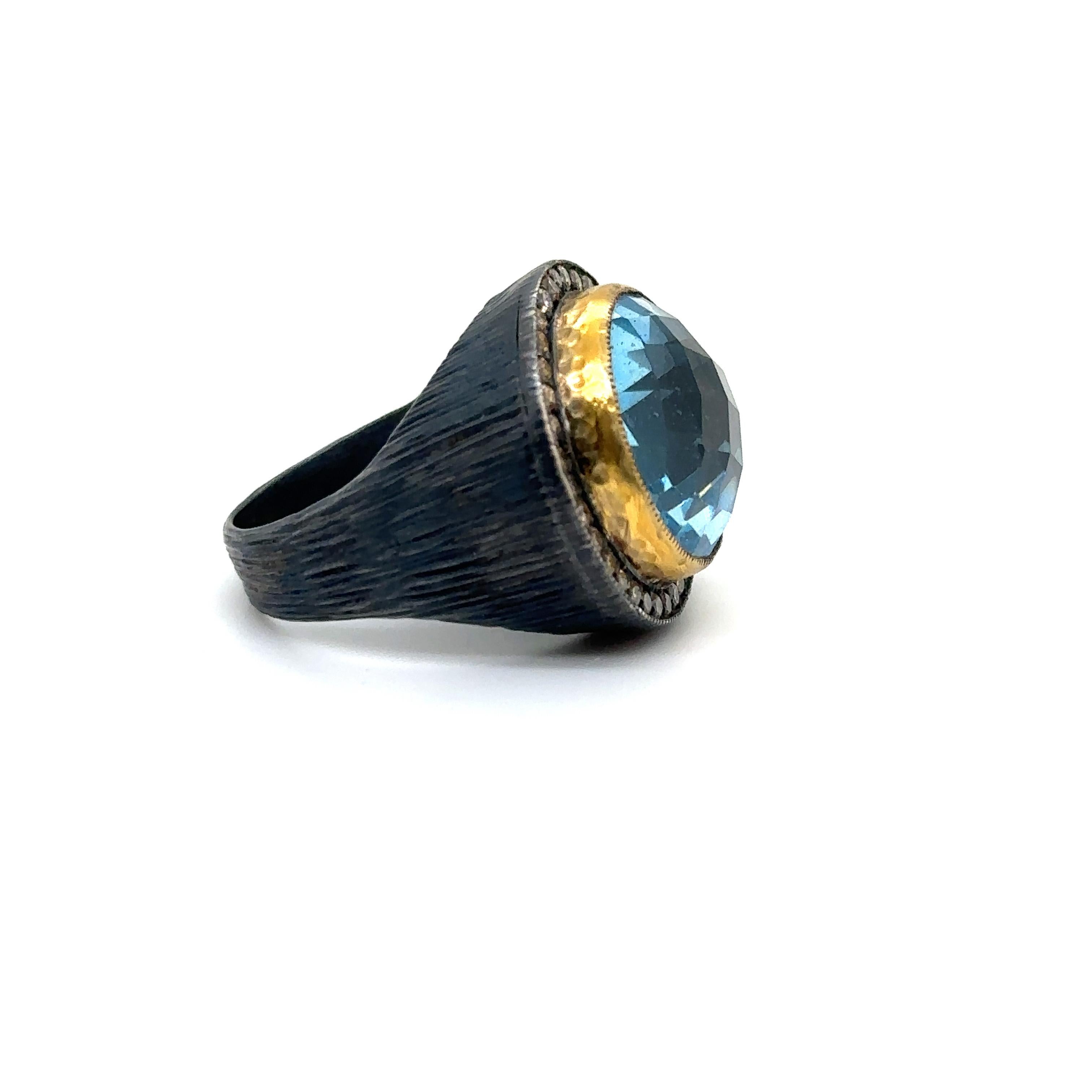 Briolette Cut JAS-24-2339 - 24K/SS BRIO. SKY BLUE TOPAZ HAND MADE RING with CHAMPAGNE DIAMONDS For Sale