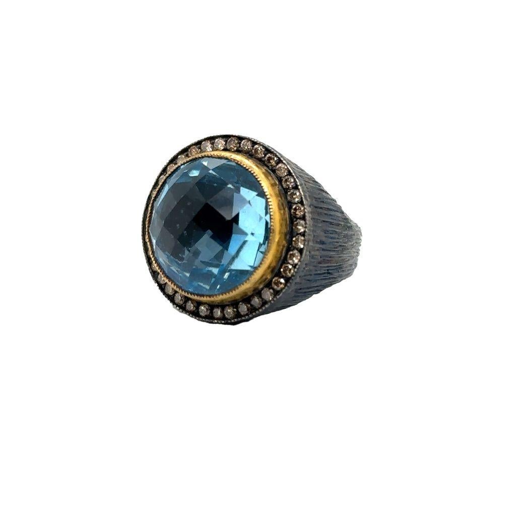 Women's JAS-24-2339 - 24K/SS BRIO. SKY BLUE TOPAZ HAND MADE RING with CHAMPAGNE DIAMONDS For Sale