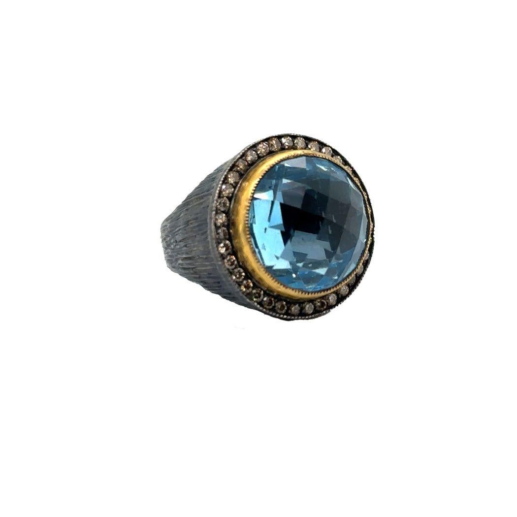 JAS-24-2339 - 24K/SS BRIO. SKY BLUE TOPAZ HAND MADE RING with CHAMPAGNE DIAMONDS For Sale 1
