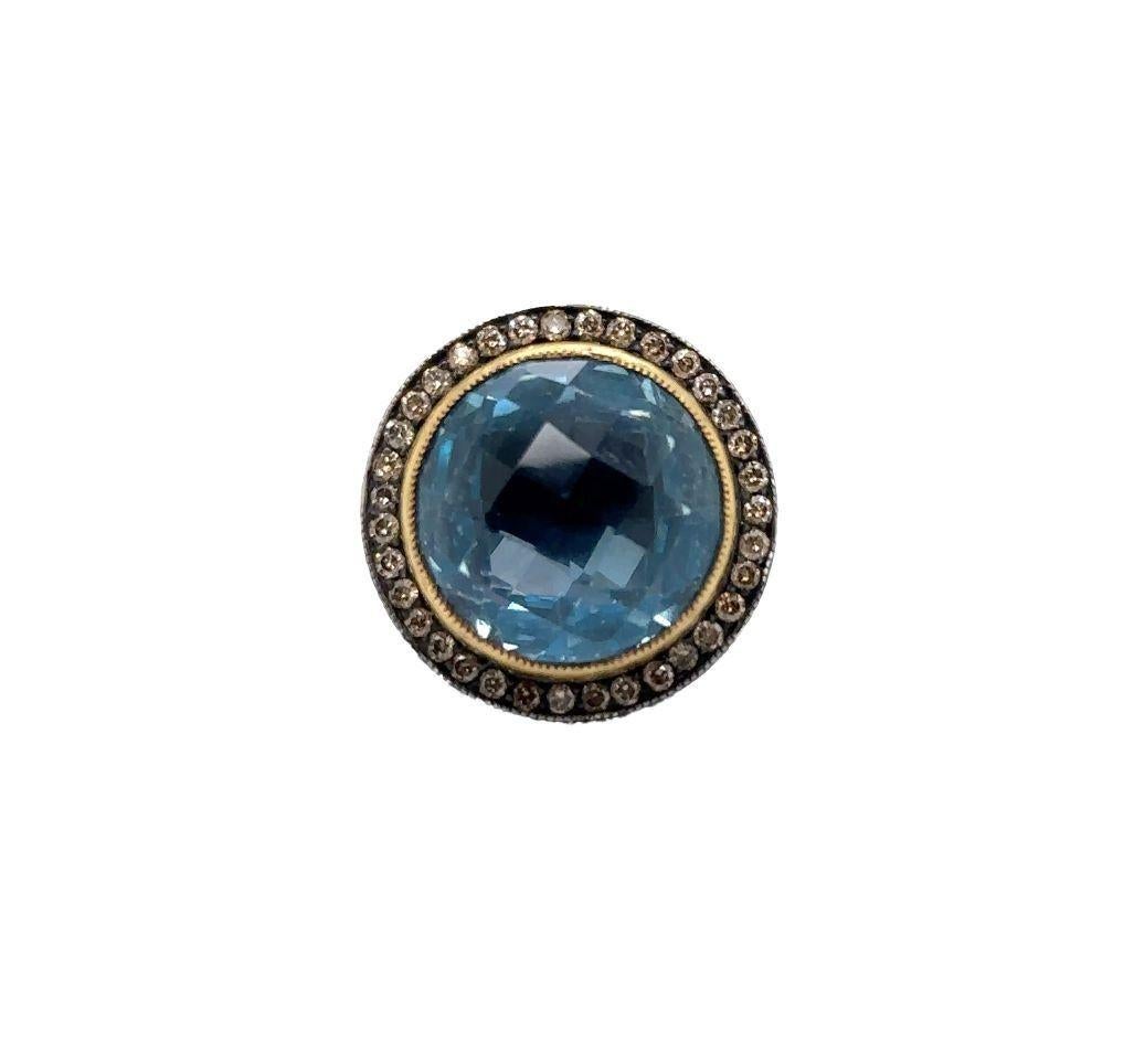 JAS-24-2339 - 24K/SS BRIO. SKY BLUE TOPAZ HAND MADE RING with CHAMPAGNE DIAMONDS For Sale 2