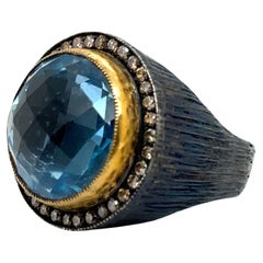 JAS-24-2339 - 24K/SS BRIO. SKY BLUE TOPAZ HAND MADE RING with CHAMPAGNE DIAMONDS