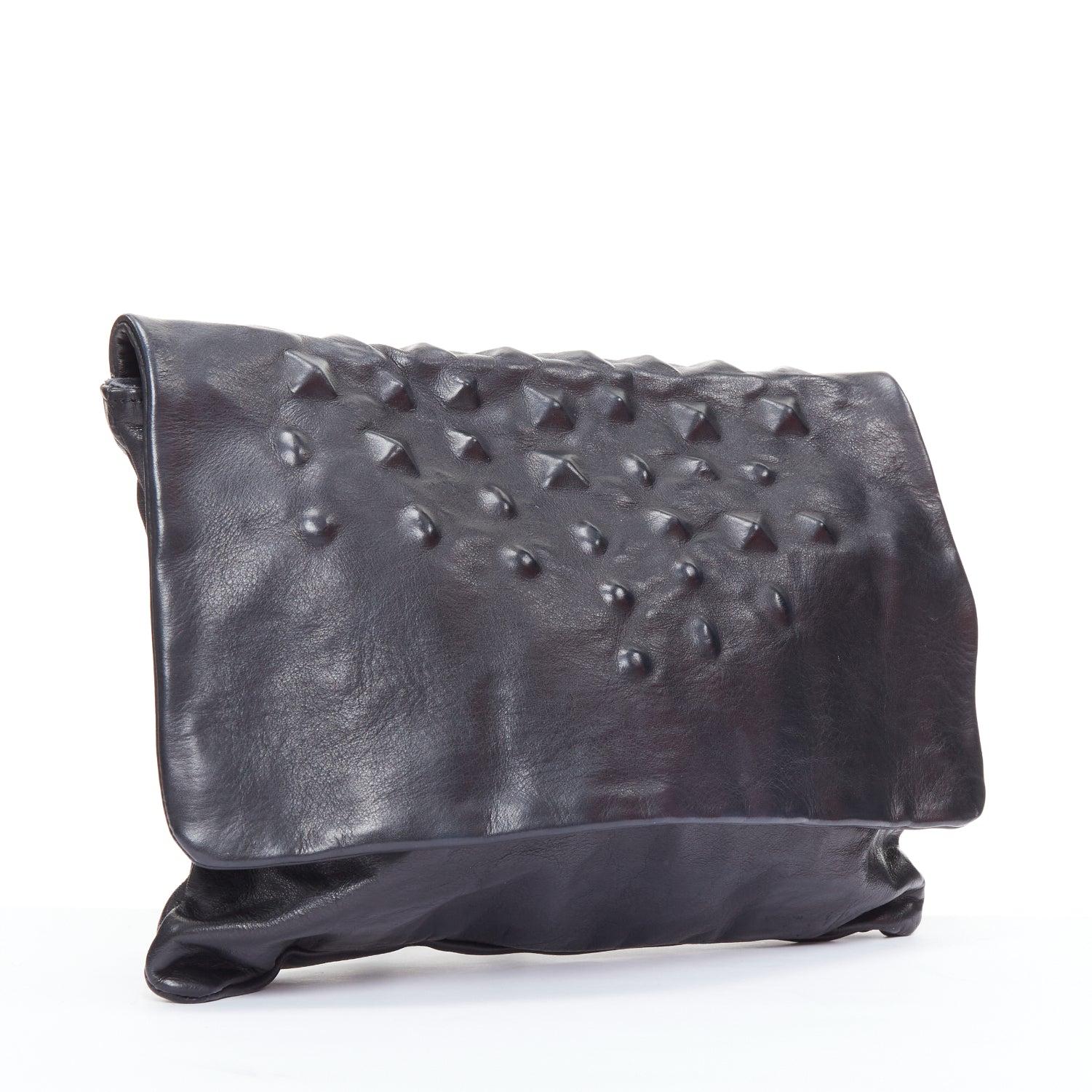 Black JAS MB black leather debossed stud flap oversized clutch bag