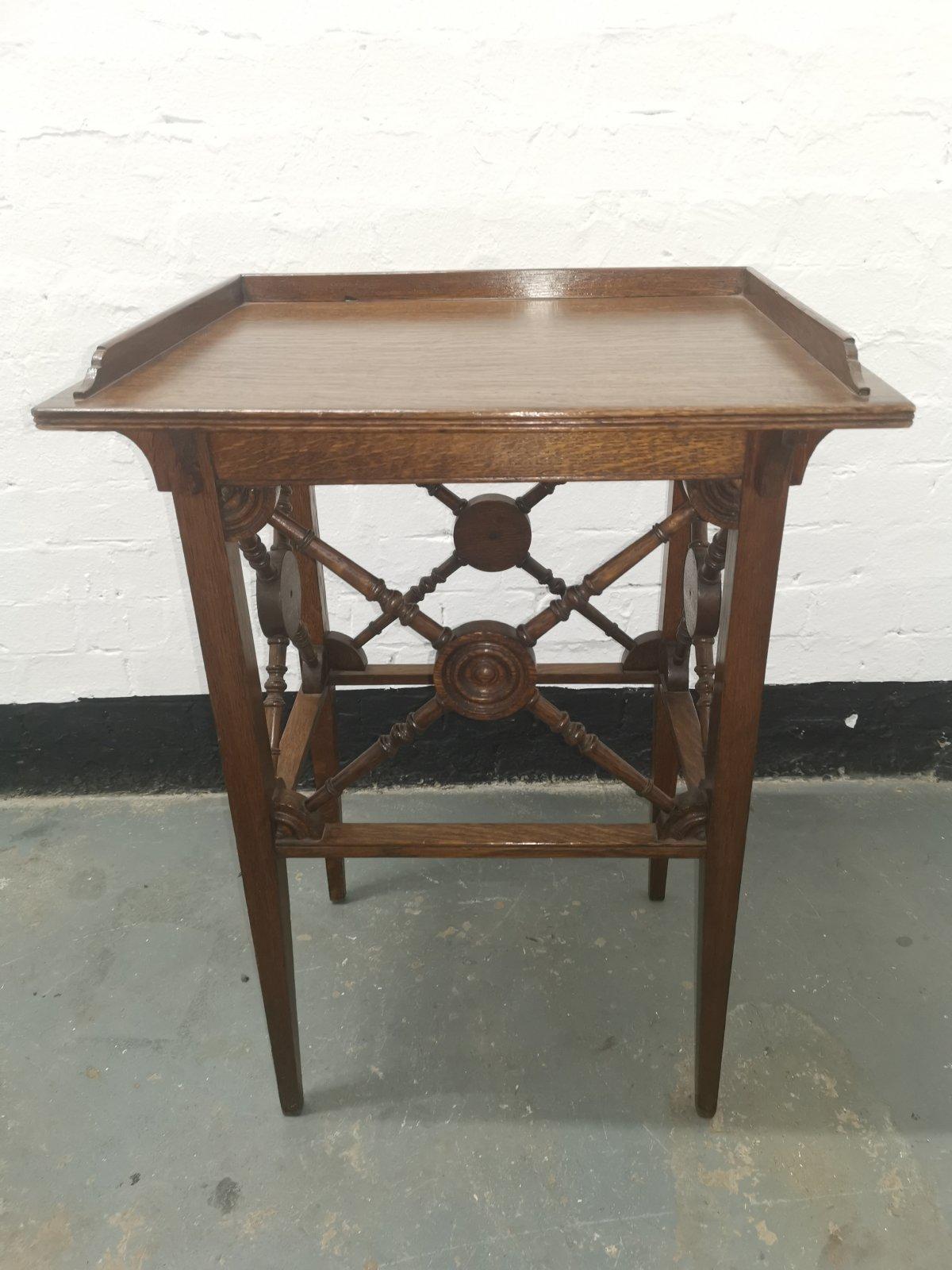 Arts and Crafts Jas Shoolbred Aesthetic Movement Oak Side Table With Cross Turned & Disc Details For Sale
