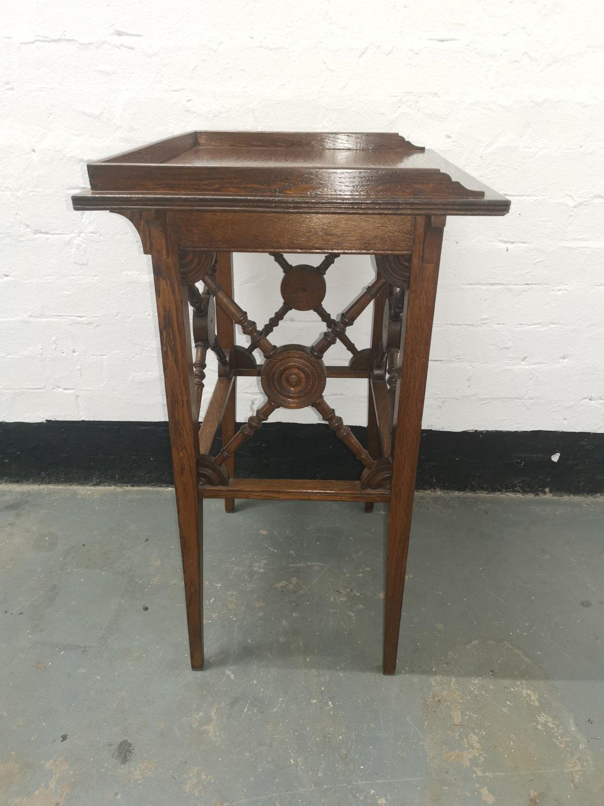 English Jas Shoolbred Aesthetic Movement Oak Side Table With Cross Turned & Disc Details For Sale