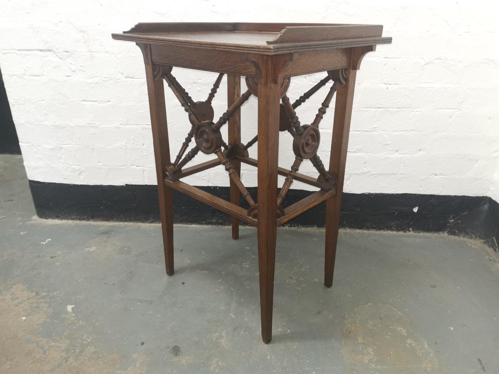 Hand-Crafted Jas Shoolbred Aesthetic Movement Oak Side Table With Cross Turned & Disc Details For Sale