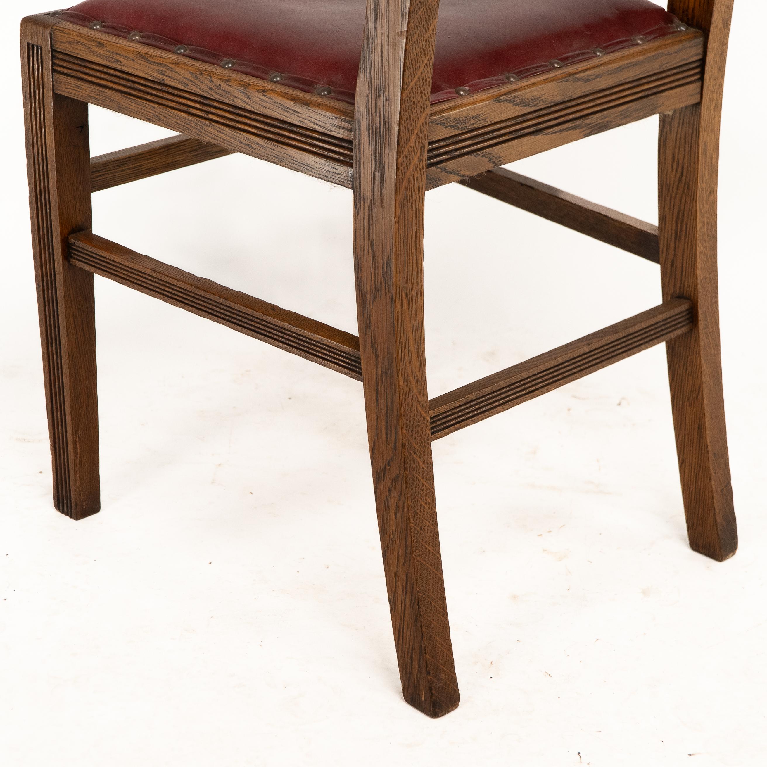 Jas Shoolbred. A set of four Aesthetic Movement lattice back oak dining chairs 8