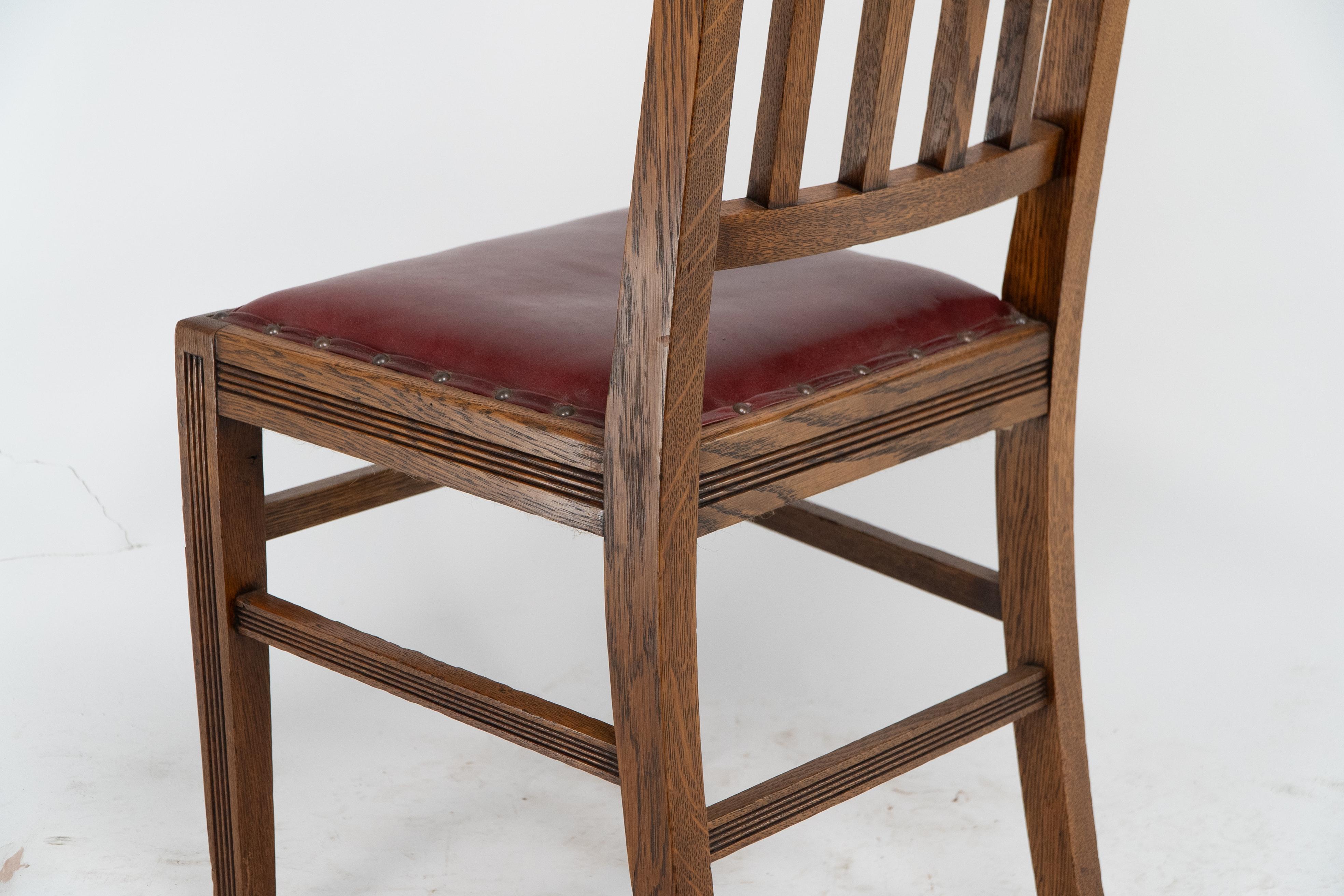 Jas Shoolbred. A set of four Aesthetic Movement lattice back oak dining chairs. For Sale 14