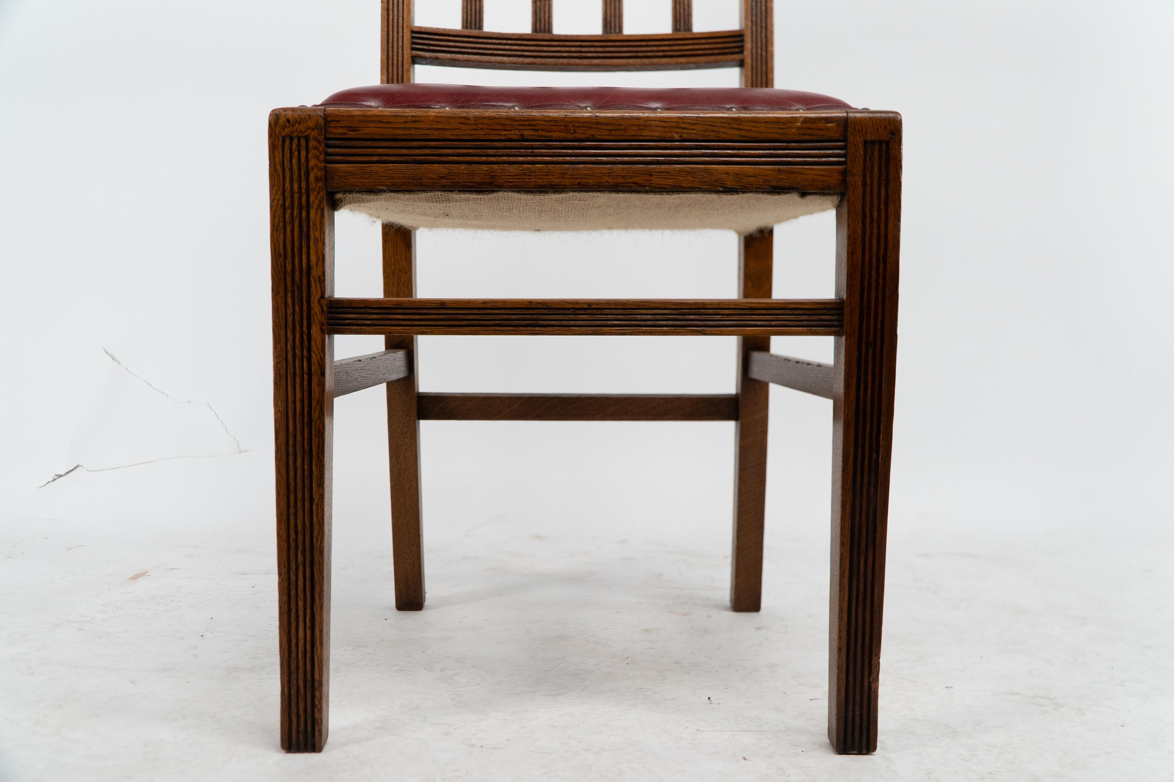 Jas Shoolbred. A set of four Aesthetic Movement lattice back oak dining chairs. For Sale 6