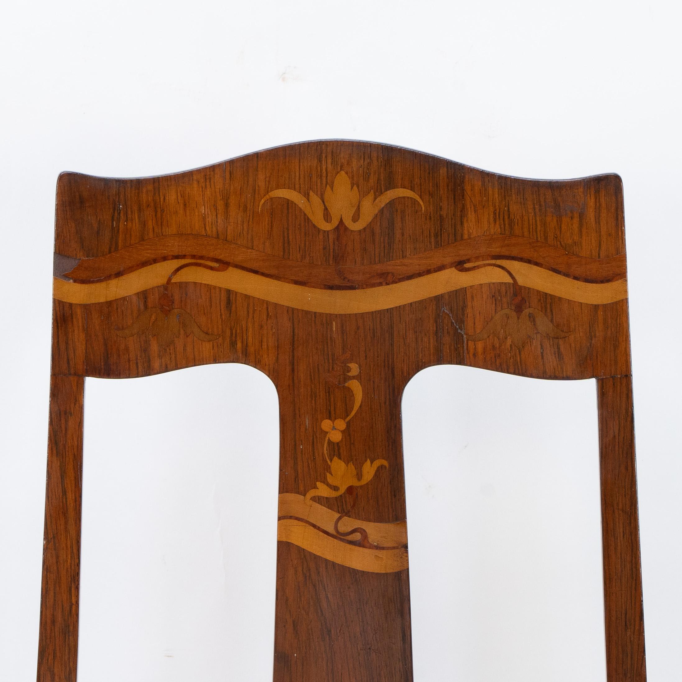 English Jas Shoolbred. Arts & Crafts Mahogany Rosewood Chair With stylized Floral Inlay For Sale