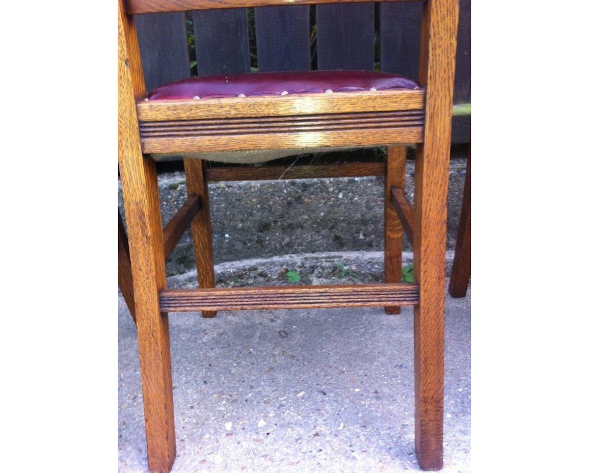 English Jas Shoolbred Attributed a Set of Four Arts & Crafts Oak & Leather Dining Chairs For Sale